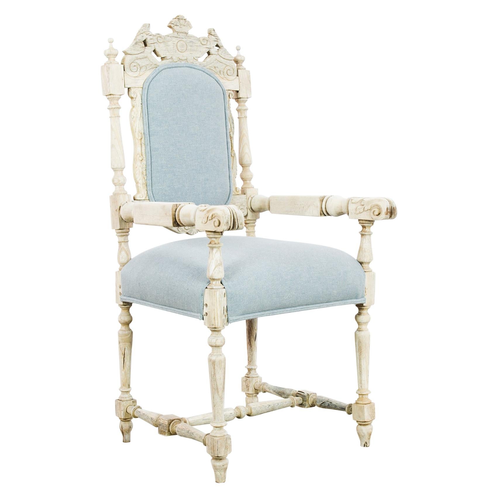Antique French Upholstered Pale Blue Oak Armchair