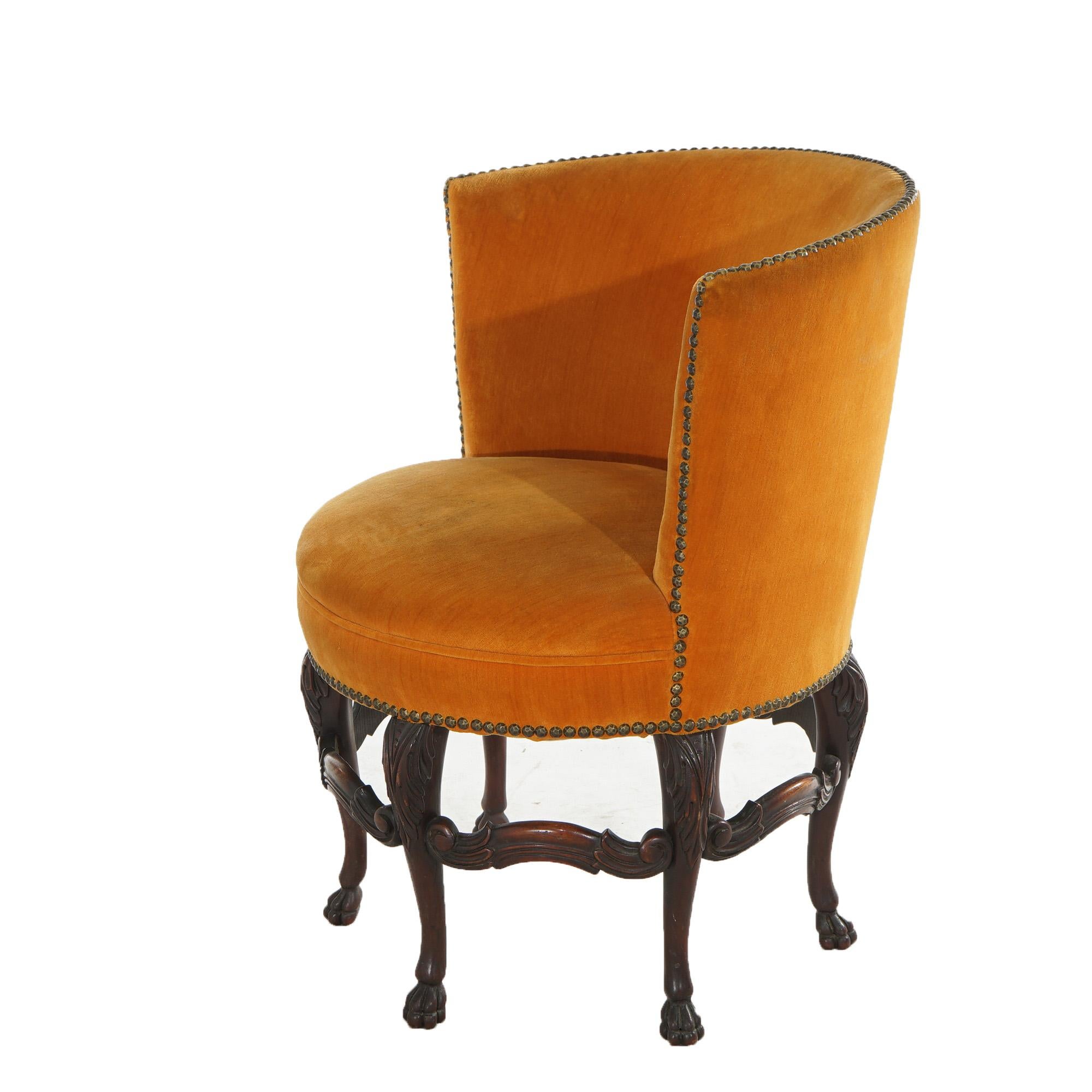 20th Century Antique French Upholstered Walnut Boudoir Chair with Six Carved Legs C1920