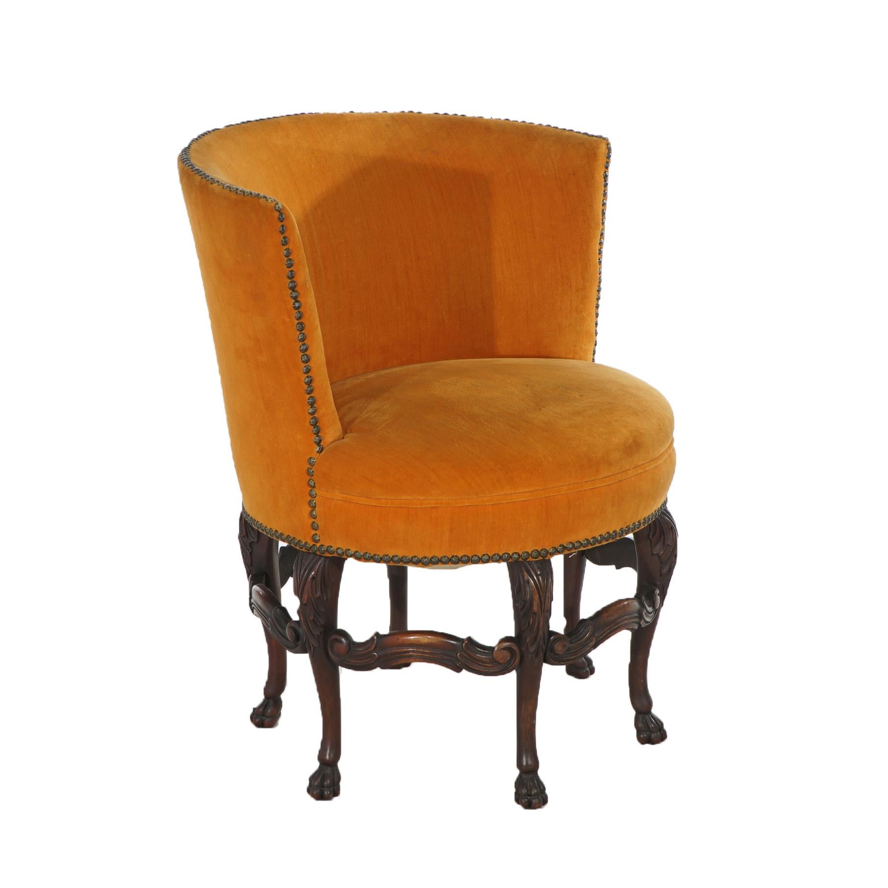 Antique French Upholstered Walnut Boudoir Chair with Six Carved Legs C1920 3