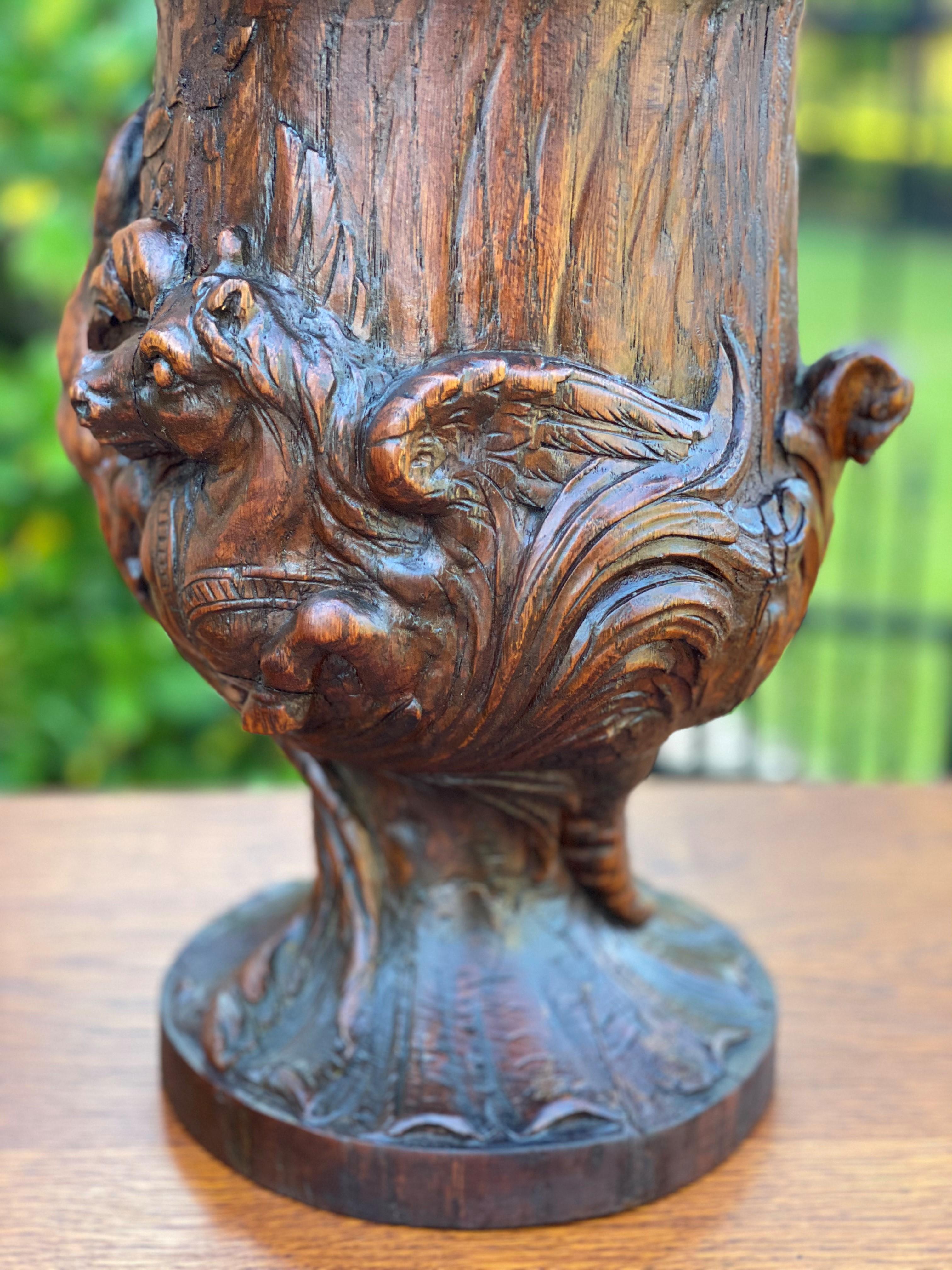 Antique French Urn Vase Oak Cherubs Putti Highly Carved Hippocamp 19thC For Sale 8