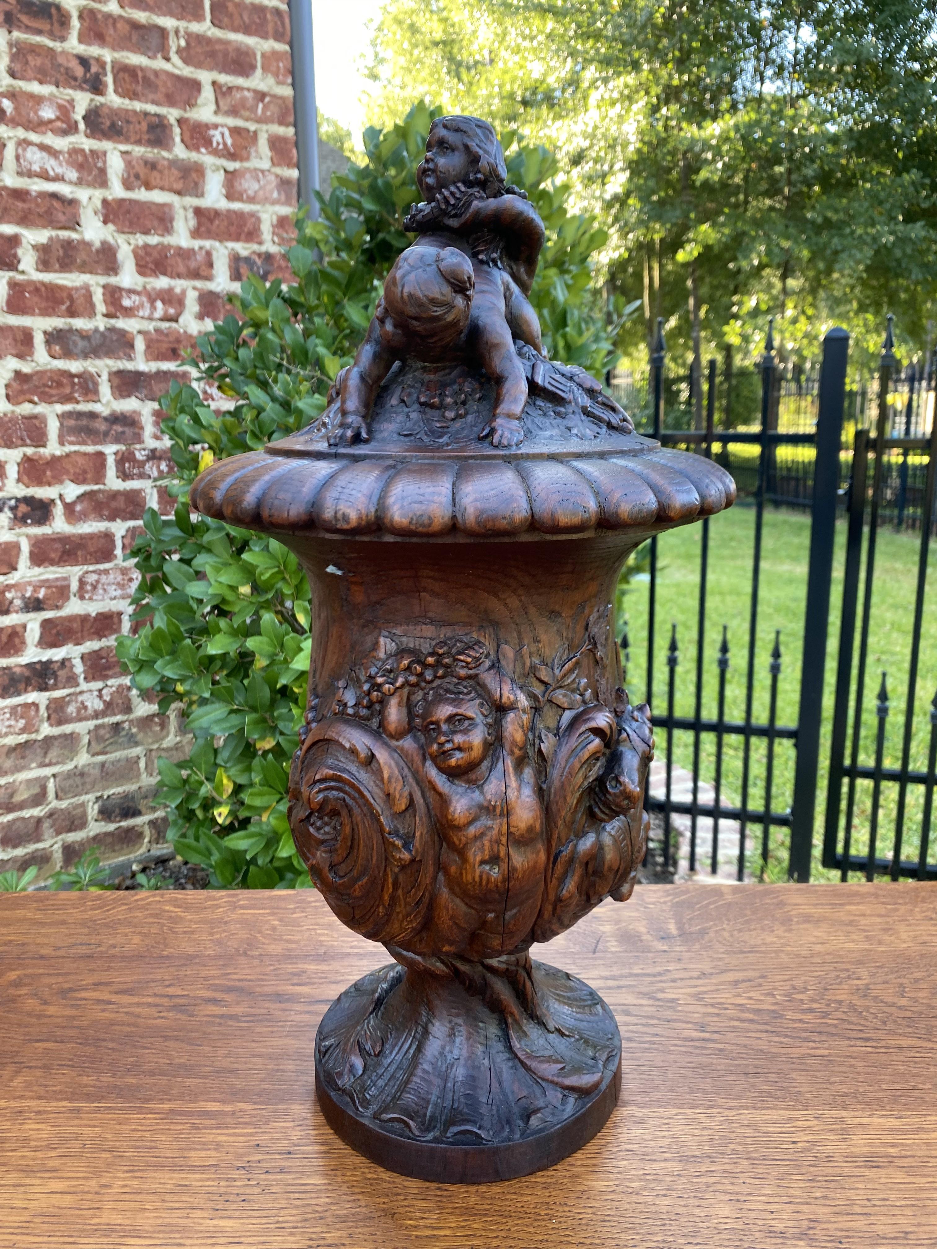 Renaissance Revival Antique French Urn Vase Oak Cherubs Putti Highly Carved Hippocamp 19thC For Sale