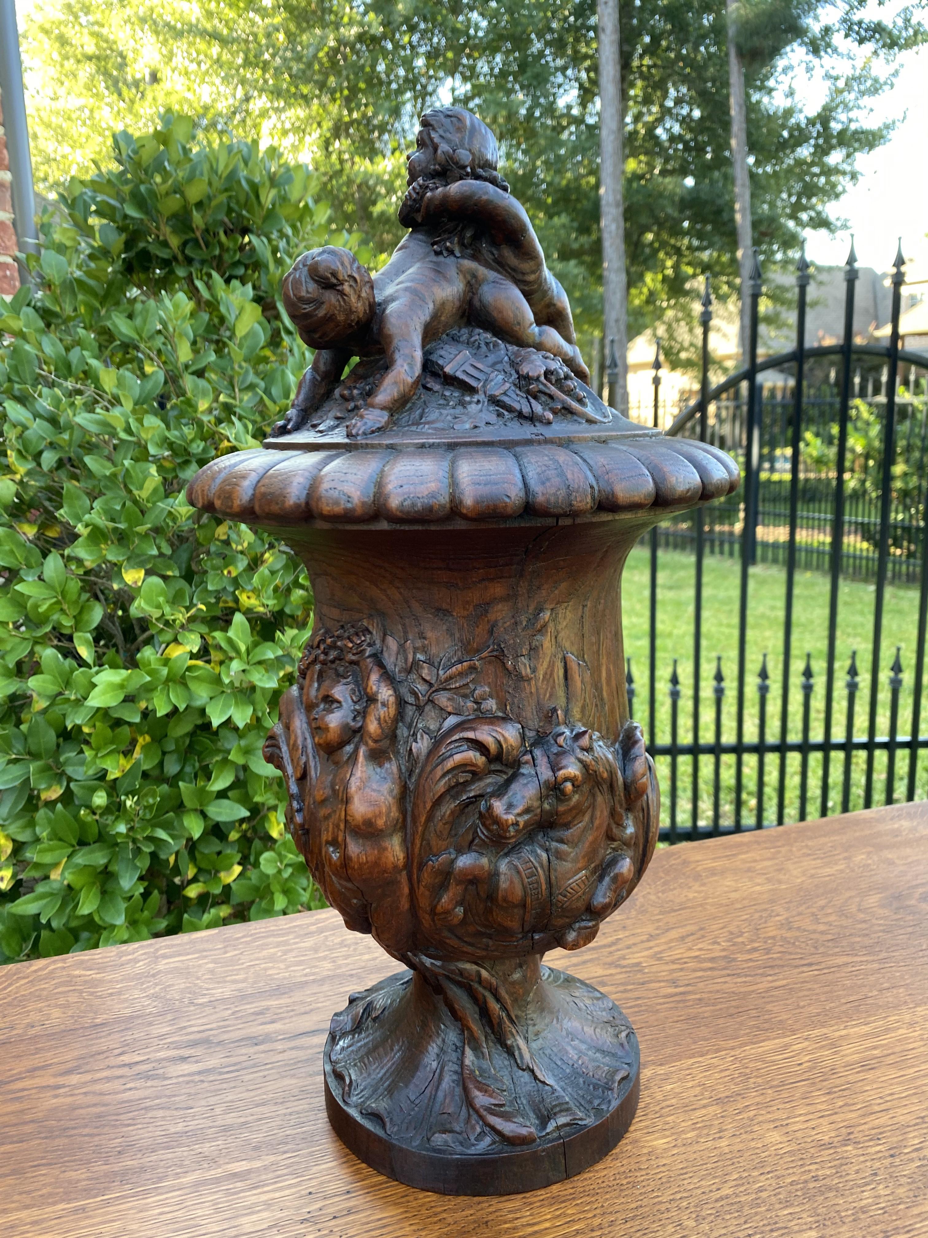 Antique French Urn Vase Oak Cherubs Putti Highly Carved Hippocamp 19thC For Sale 1