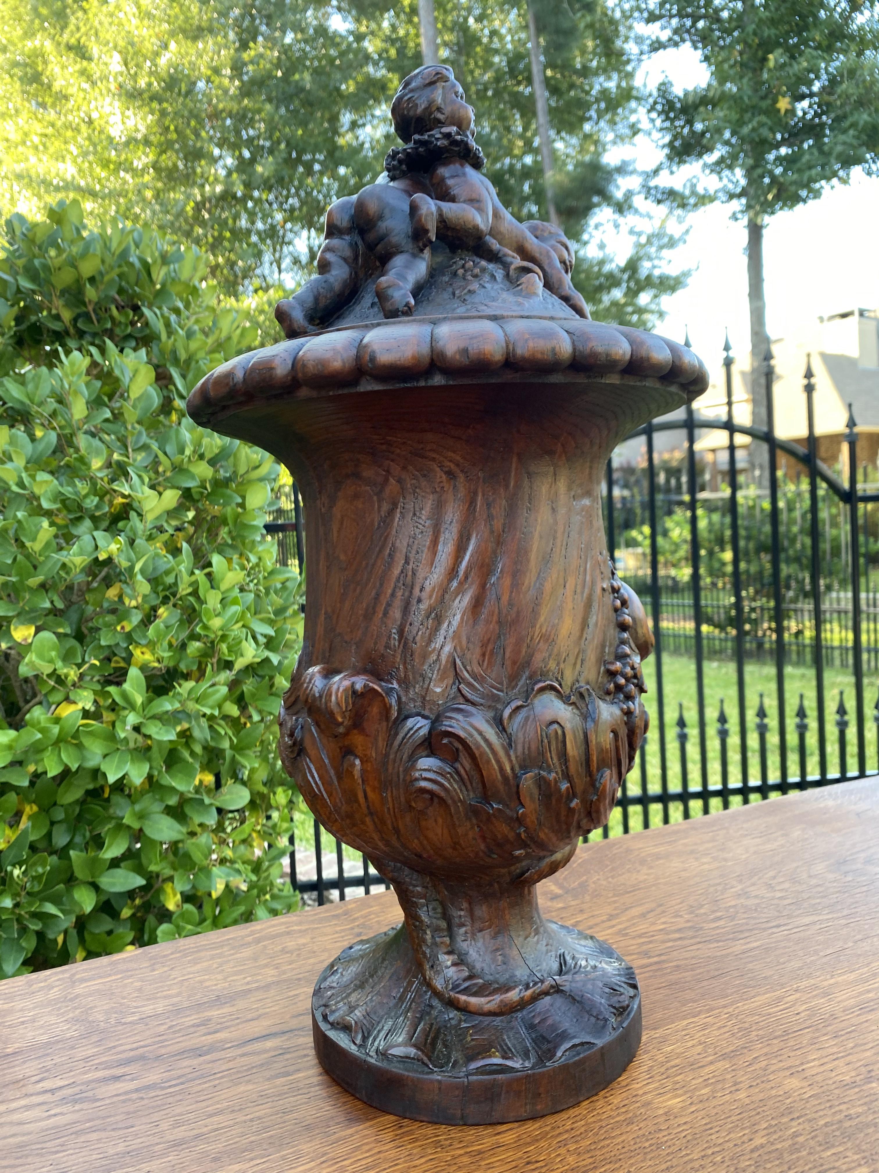 Antique French Urn Vase Oak Cherubs Putti Highly Carved Hippocamp 19thC For Sale 2