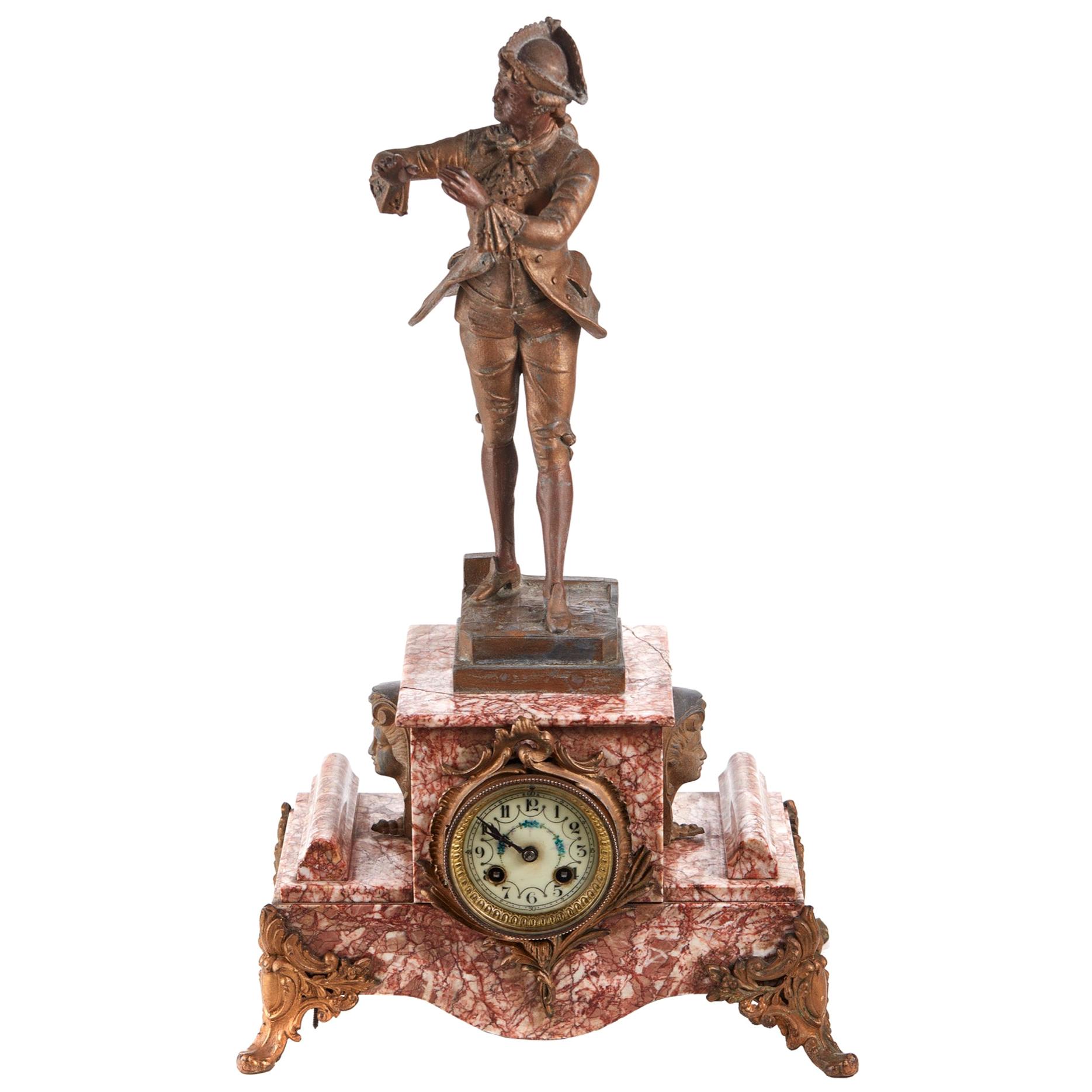 Antique French Variegated Rouge Mantle Clock