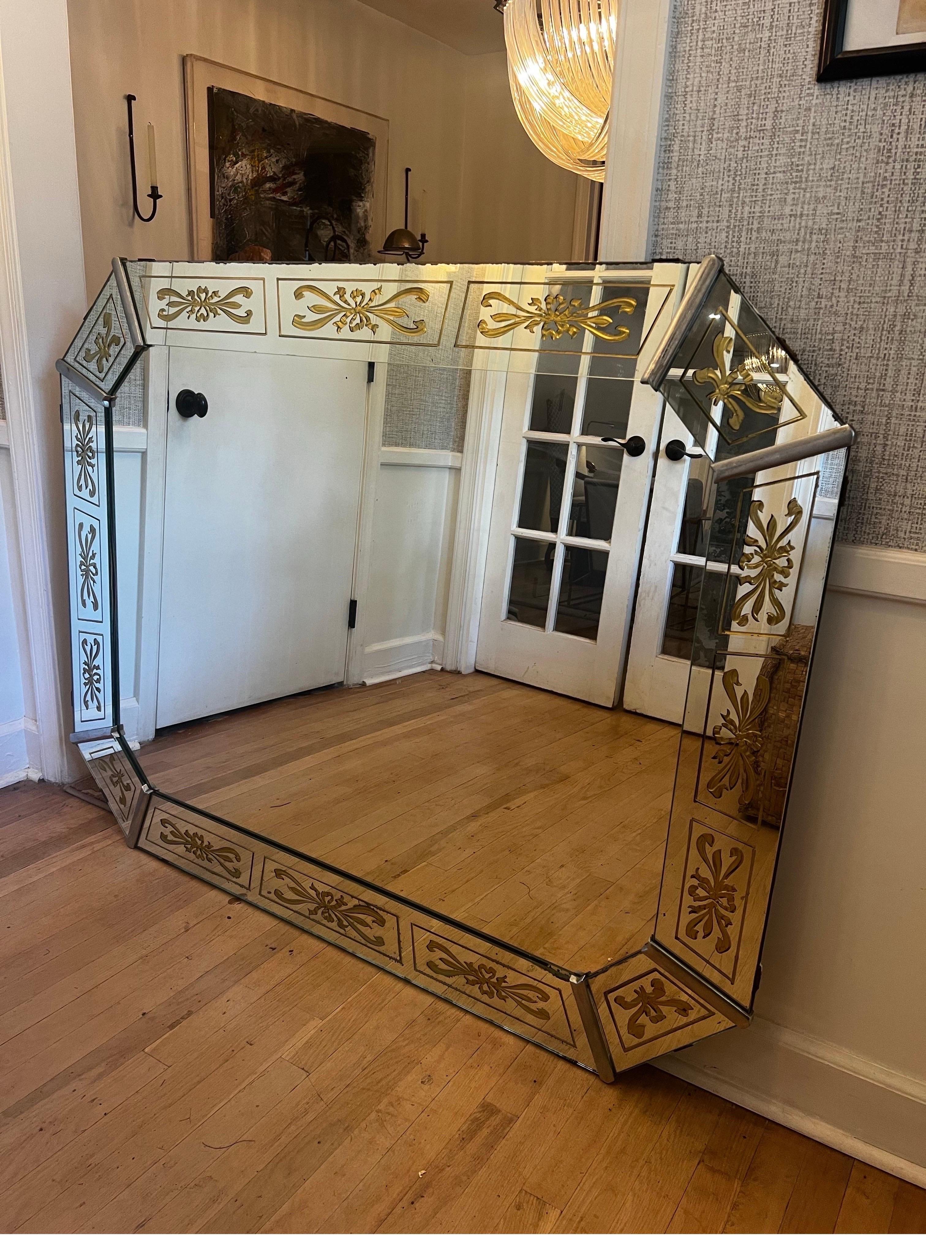 Antique Venetian mirror with gold inlaid twist design detail.  Large scale and perfect for mantel or wall mirror over a console, commode, credenza, entryway or powder room vanity.  
