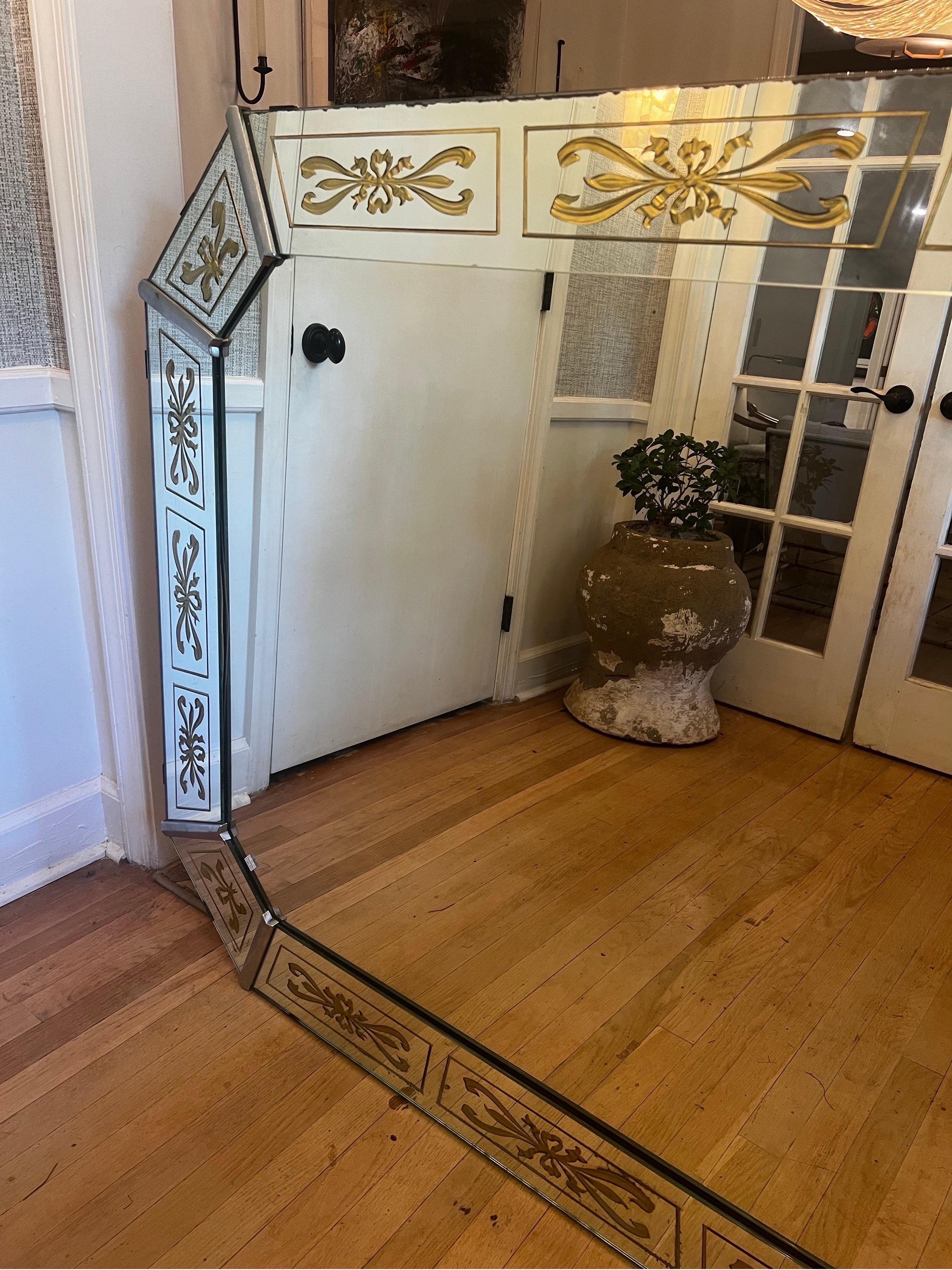 Art Deco Antique French Venetian Mirror with Gold Details For Sale