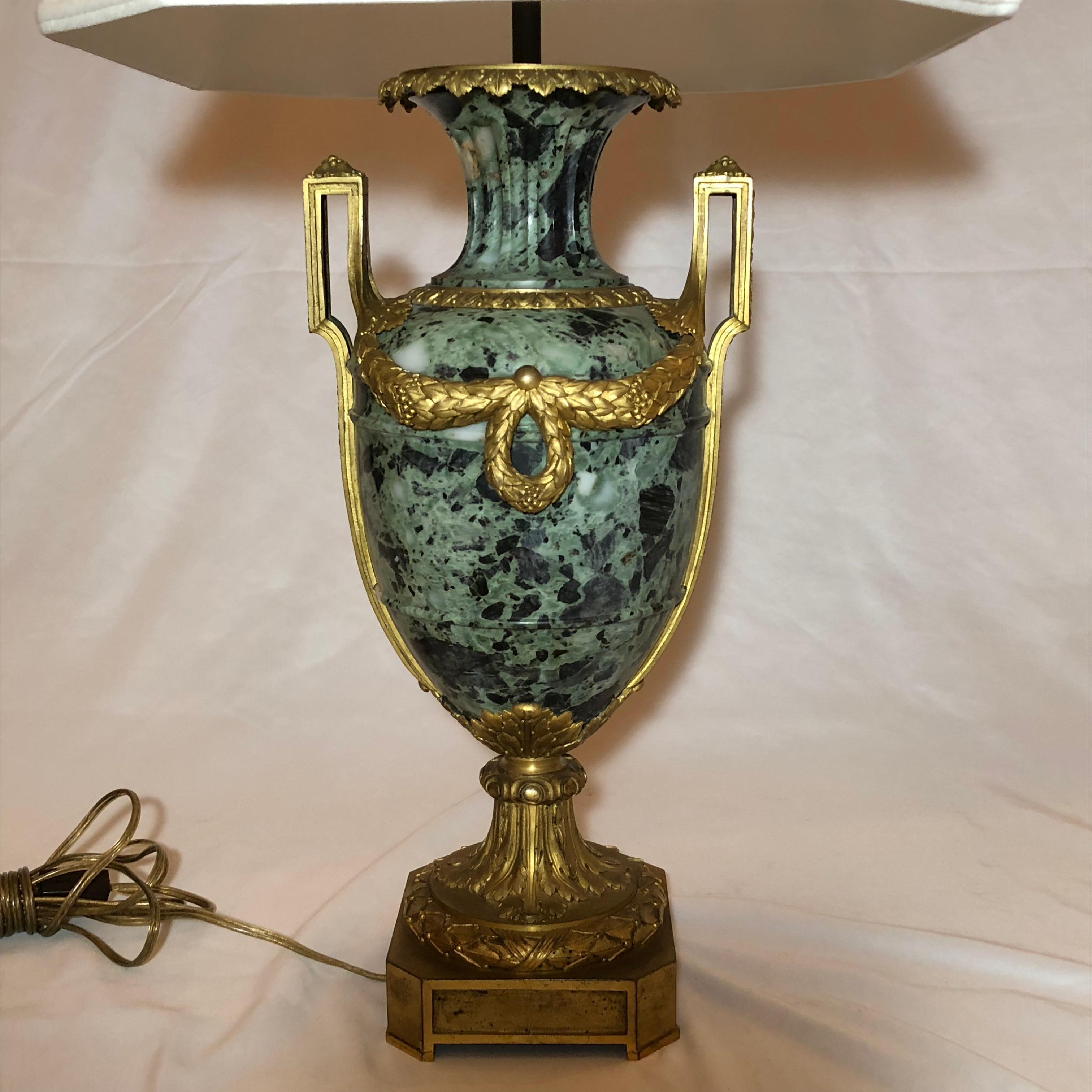Antique French Verde marble and ormolu lamps, circa 1850-1860.