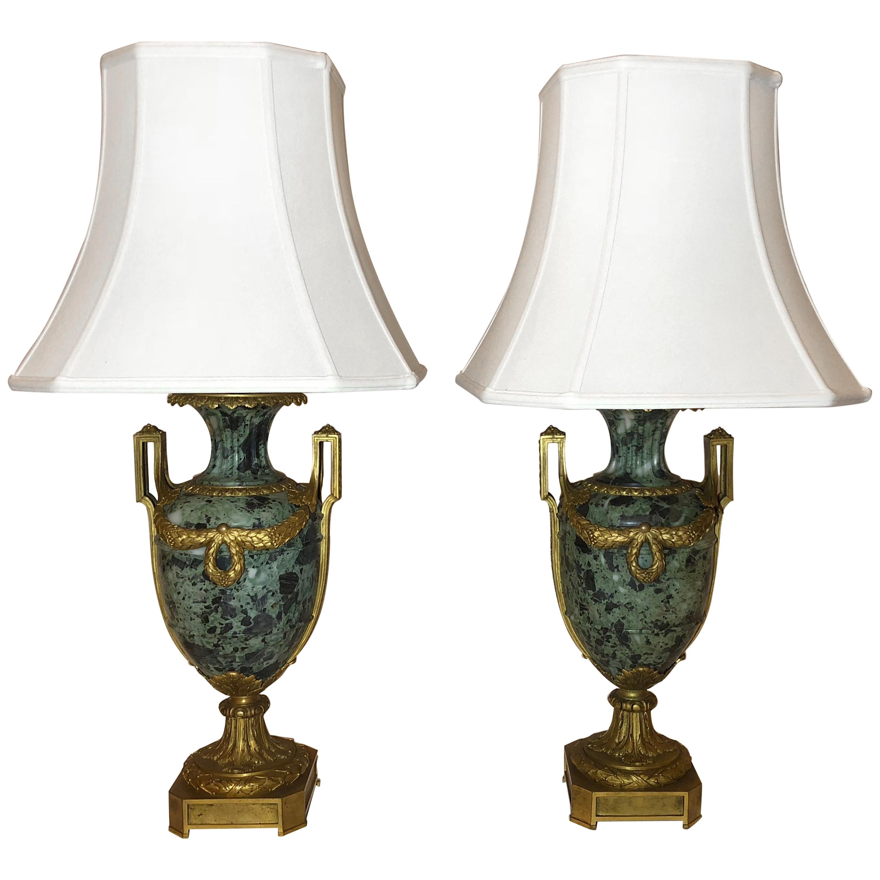 Antique French Verde Marble and Ormolu Lamps, circa 1850-1860
