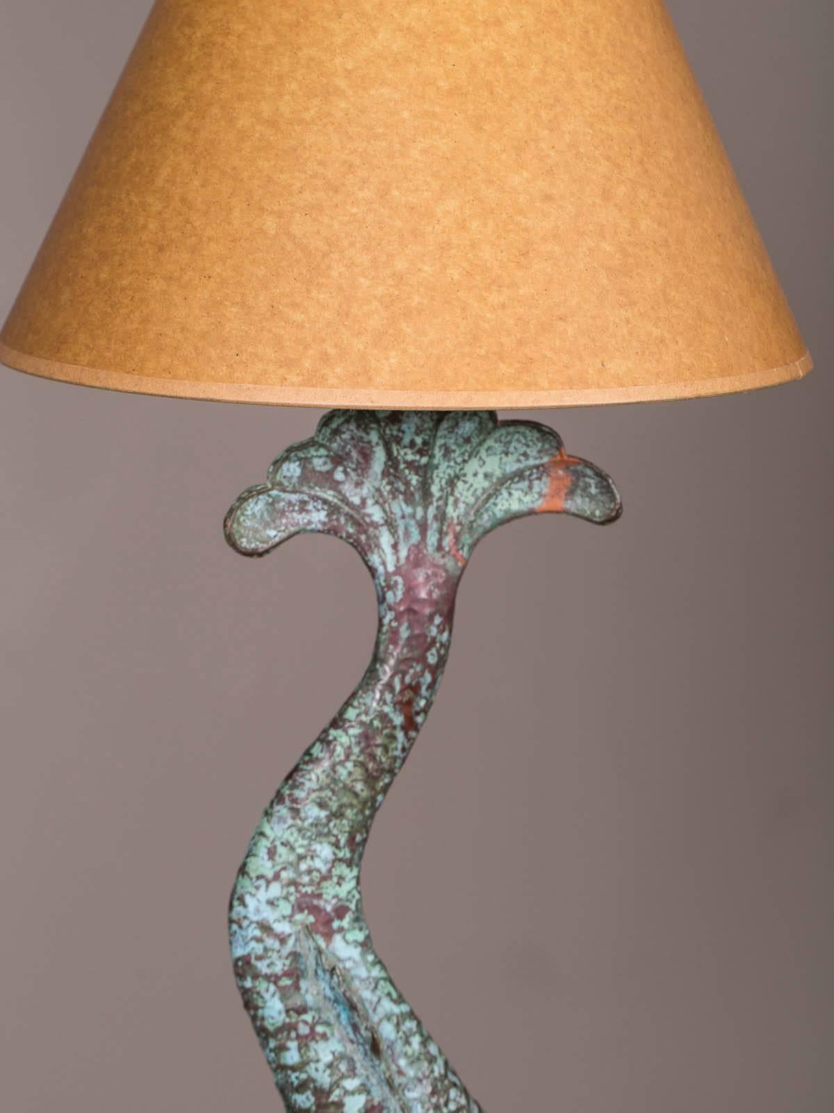 Antique French Verdigris Copper Dolphin Waterspout Mounted as a Custom Lamp In Excellent Condition In Houston, TX