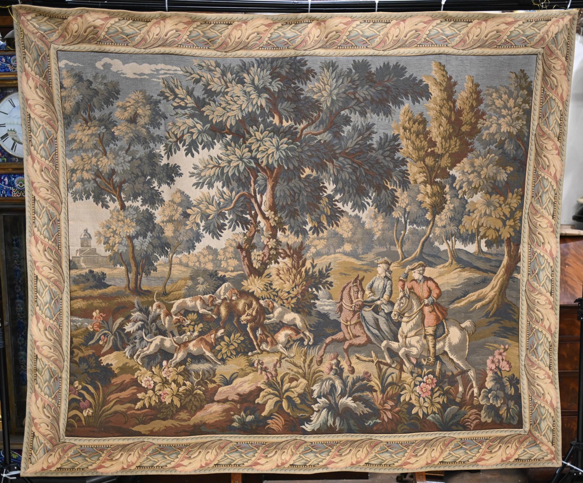 Glorious antique French verdure tapestry depicting a hunt scene
Great size and work well as a wall hanging
Very detailed scenes, particularly the trees, foliage and of course the characters in the hunt
'Verdure' (foliage) tapestries were woven