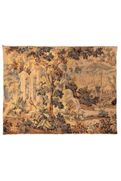 Antique French Verdure Tapestry with Architectural Ruins and Woodland Landscape
