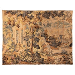 Antique French Verdure Tapestry with Architectural Ruins and Woodland Landscape