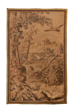 Antique French Verdure Tapestry with Birds and Countryside Landscape