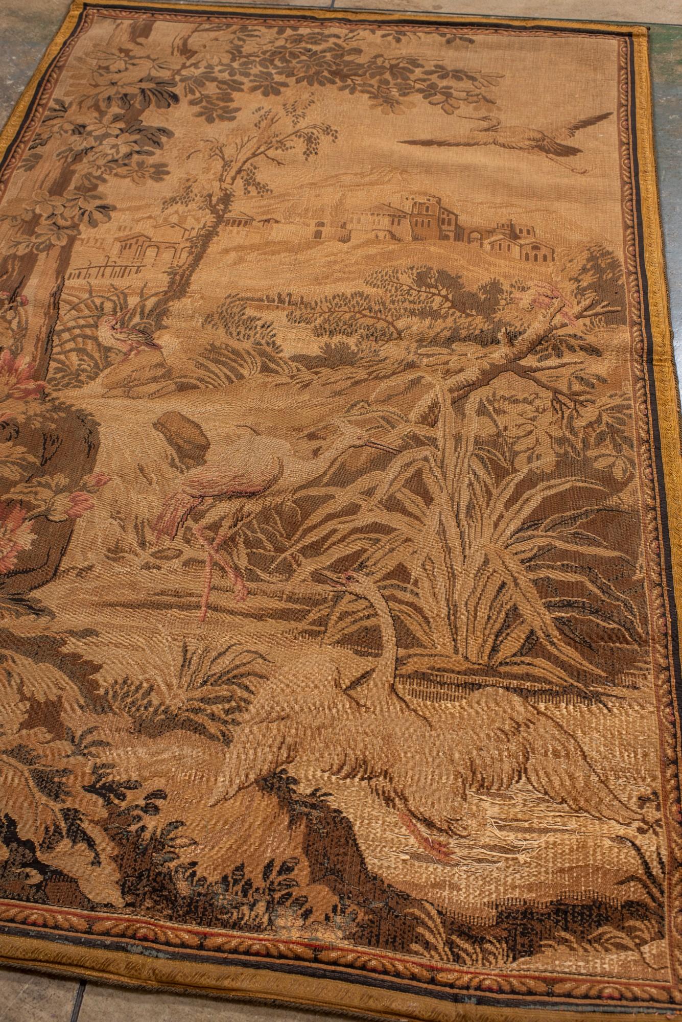Antique French Verdure Tapestry with Birds and Countryside Landscape Lana en venta
