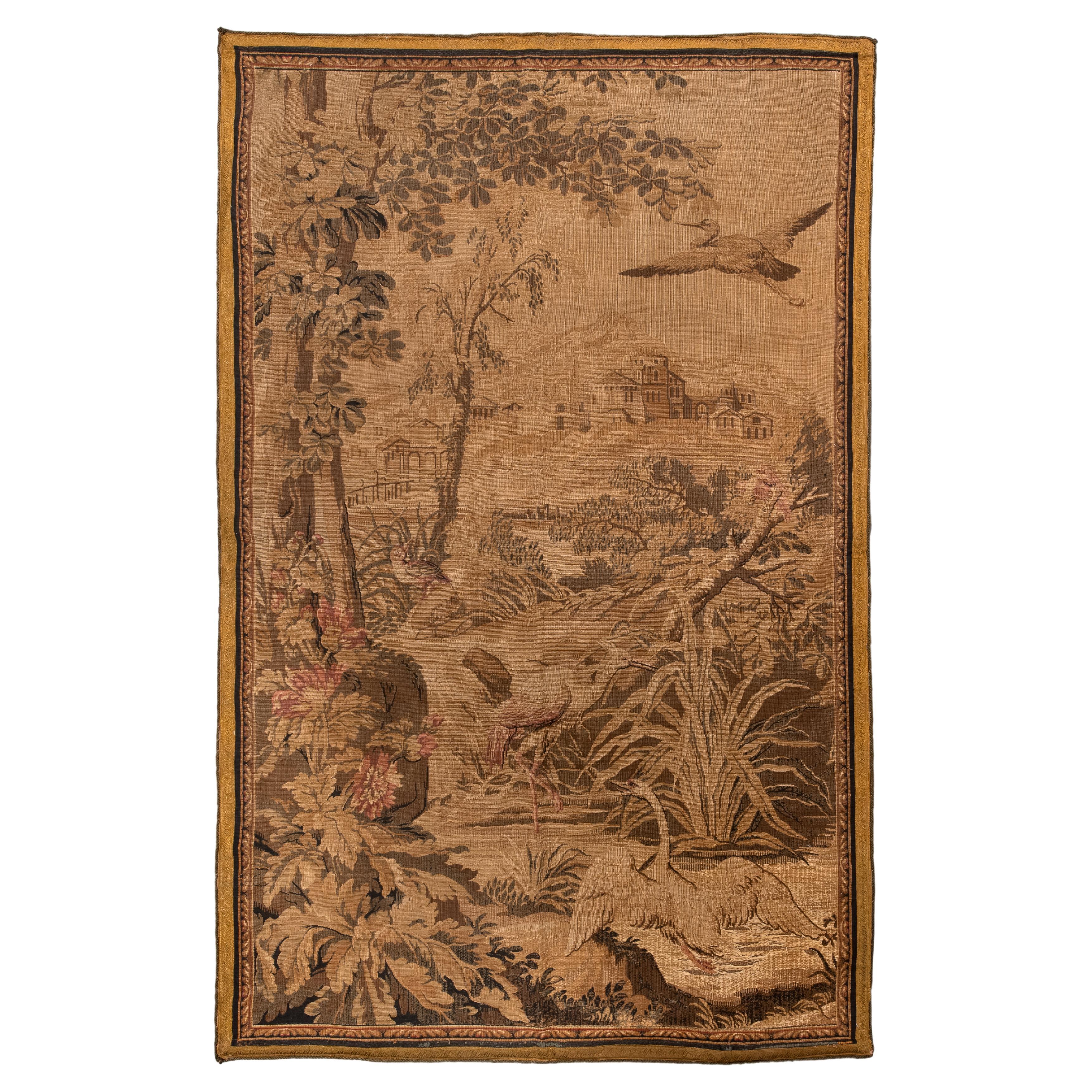 Antique French Verdure Tapestry with Birds and Countryside Landscape