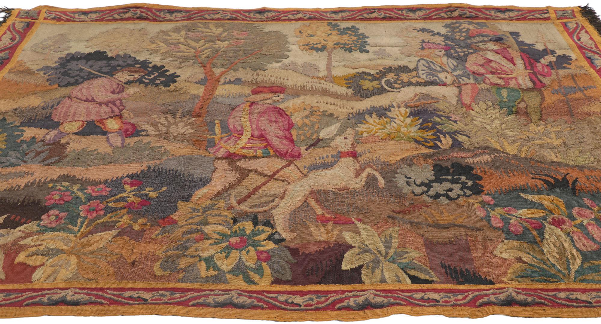 Aubusson Antique French Verdure Wall Tapestry with Hunting Scene & Renaissance Style For Sale
