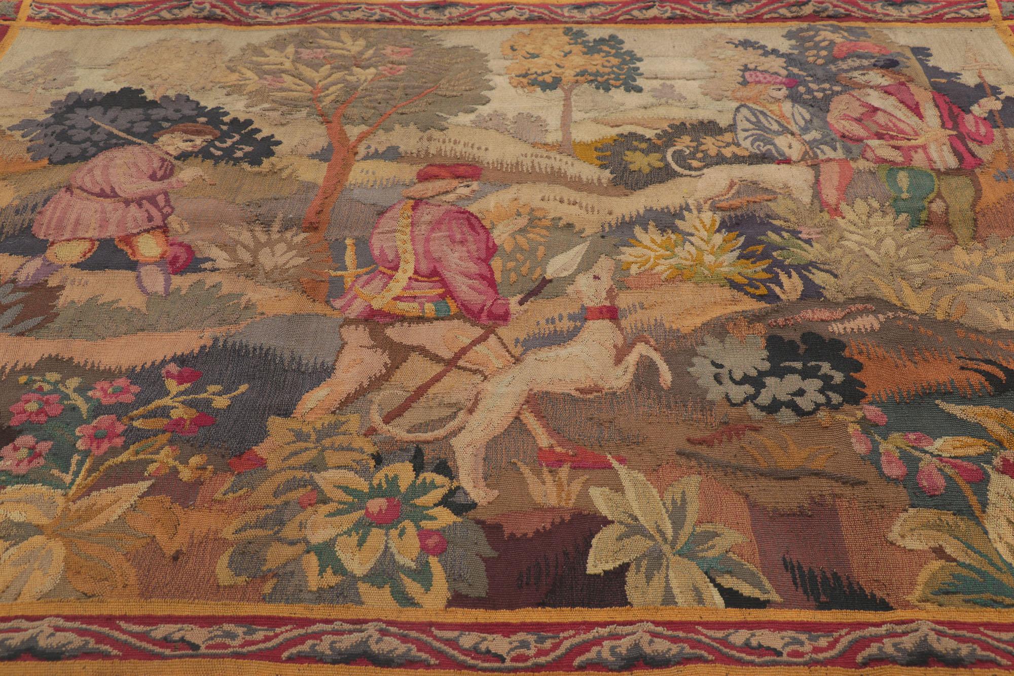 Hand-Woven Antique French Verdure Wall Tapestry with Hunting Scene & Renaissance Style For Sale