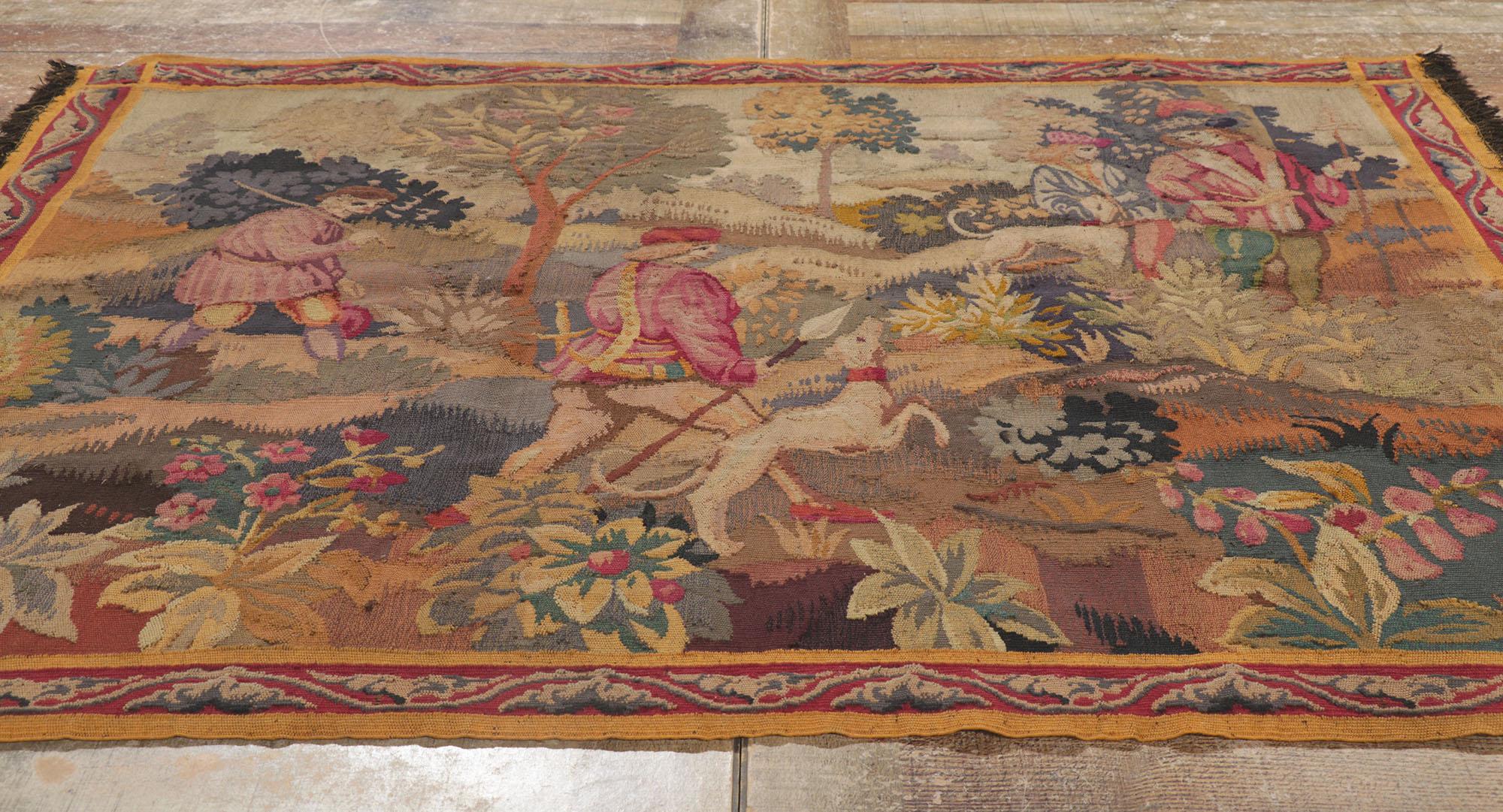 Wool Antique French Verdure Wall Tapestry with Hunting Scene & Renaissance Style For Sale