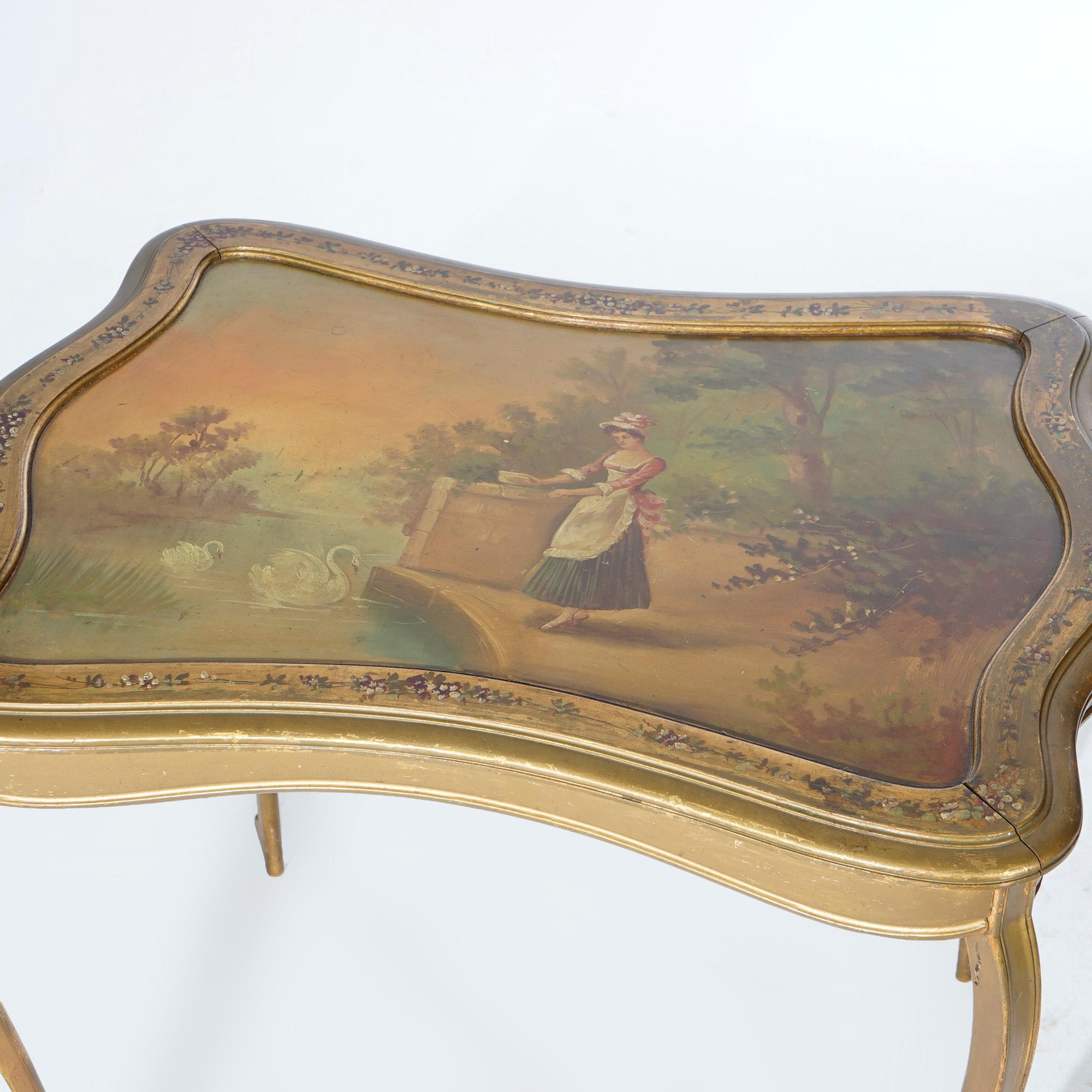 Painted Antique French Vernis Martin Decorated Giltwood Table 19th C For Sale