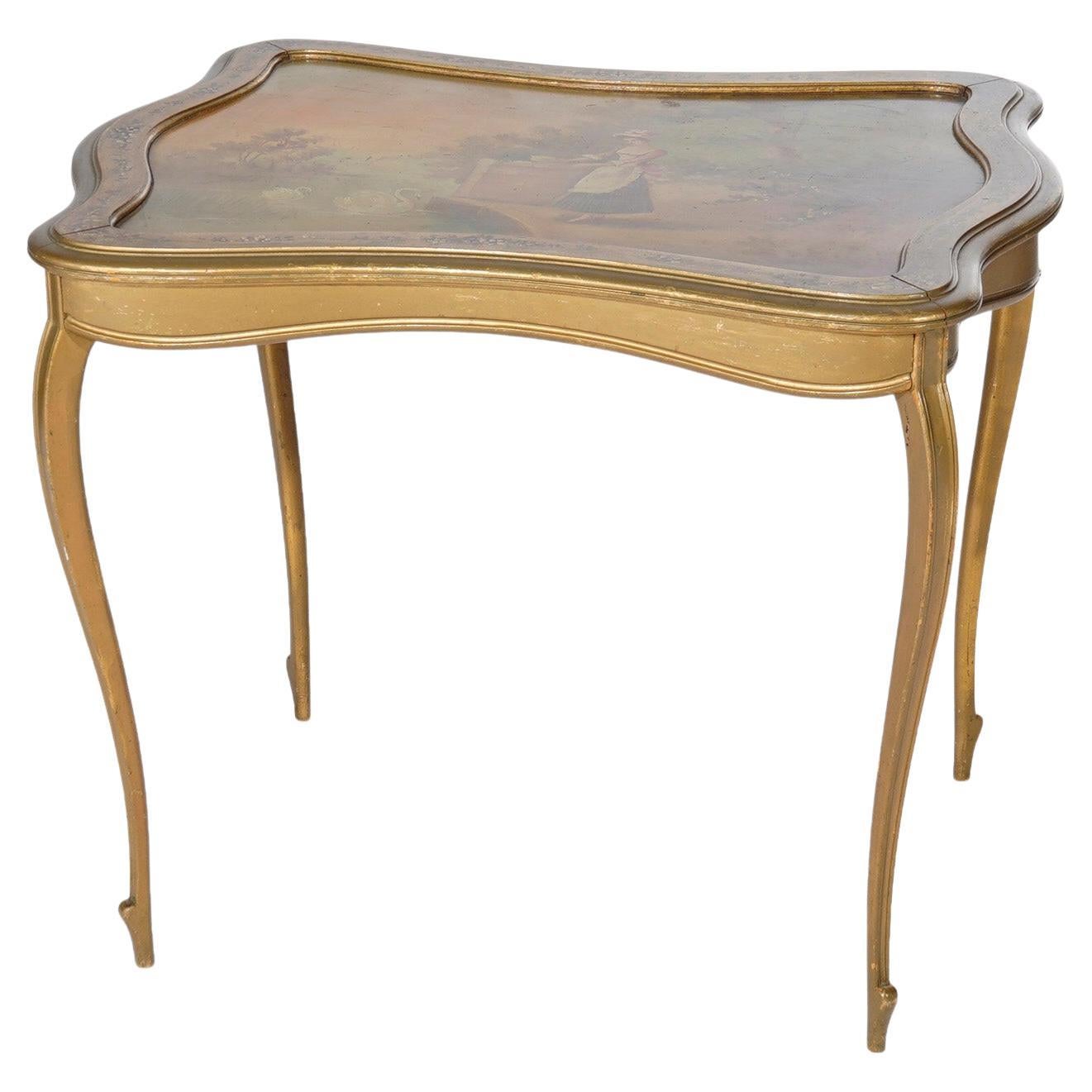 Antique French Vernis Martin Decorated Giltwood Table 19th C For Sale