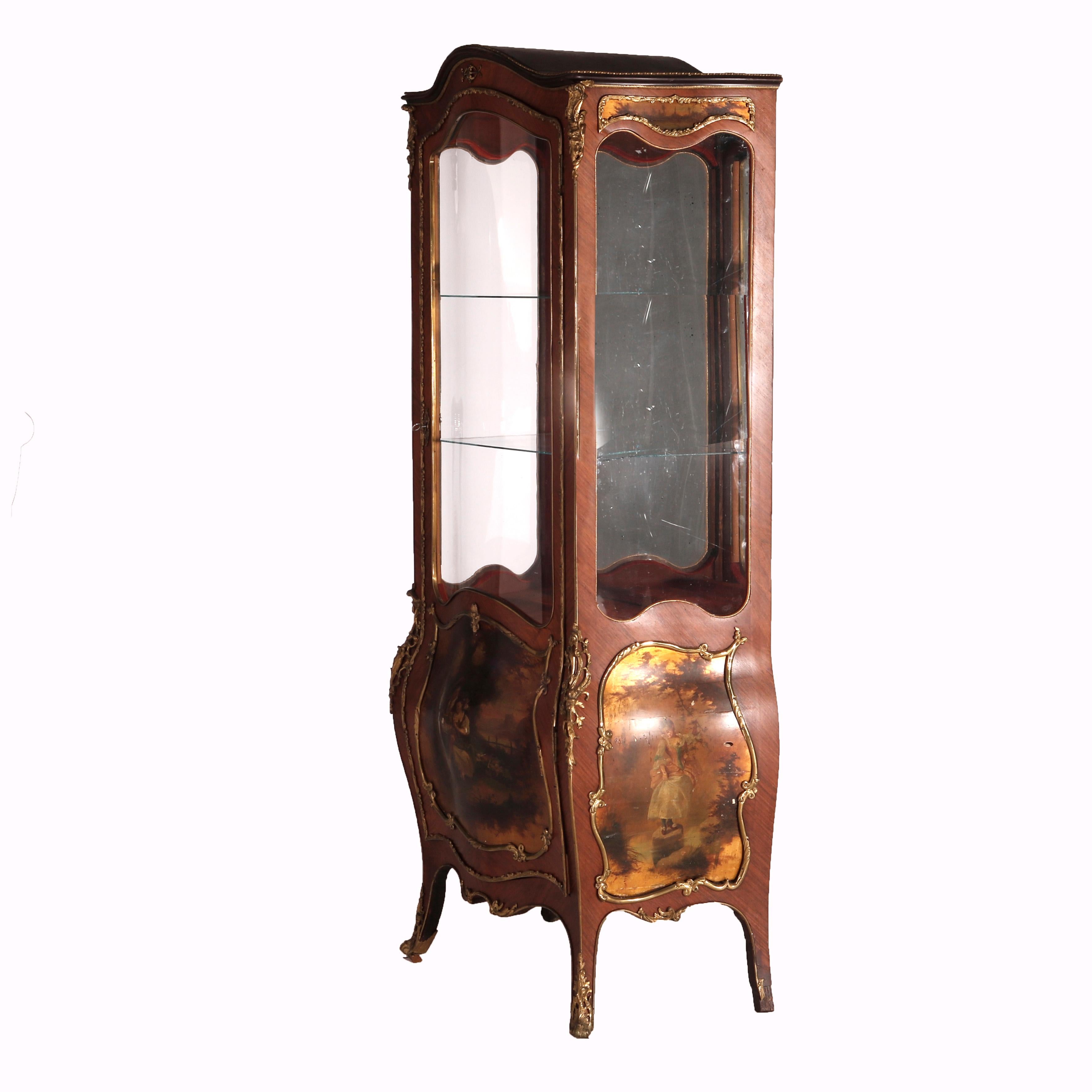 Vetro Antique French Vernis Martin Decorated Kingwood & Ormolu Bombe Vitrine c1900 in vendita
