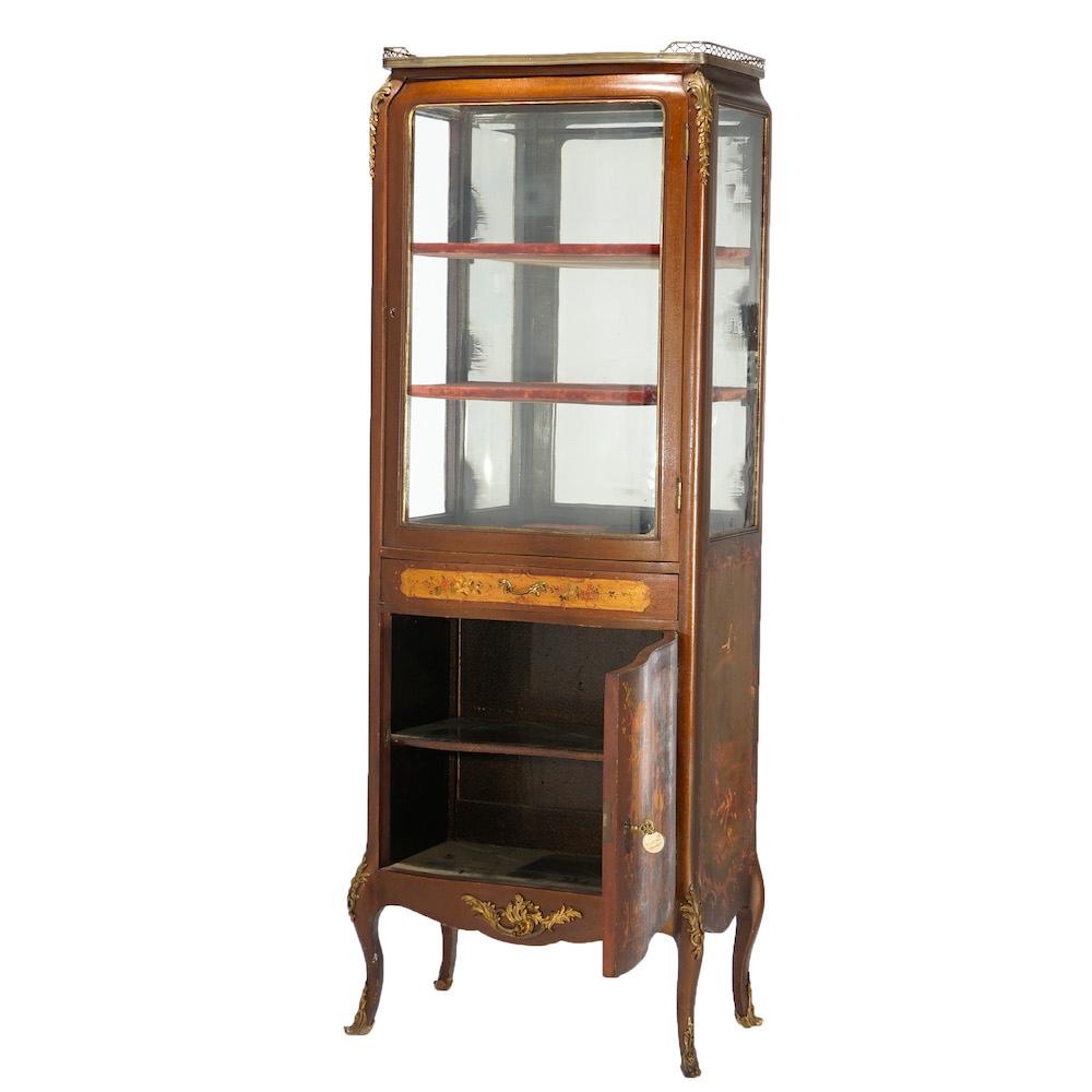 Painted Antique French Vernis Martin Decorated Mahogany Vitrine, Circa 1890 For Sale