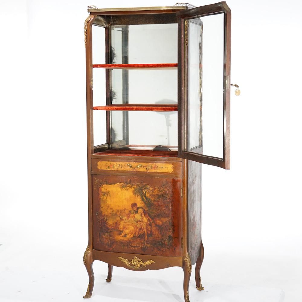 Antique French Vernis Martin Decorated Mahogany Vitrine, Circa 1890 In Good Condition For Sale In Big Flats, NY