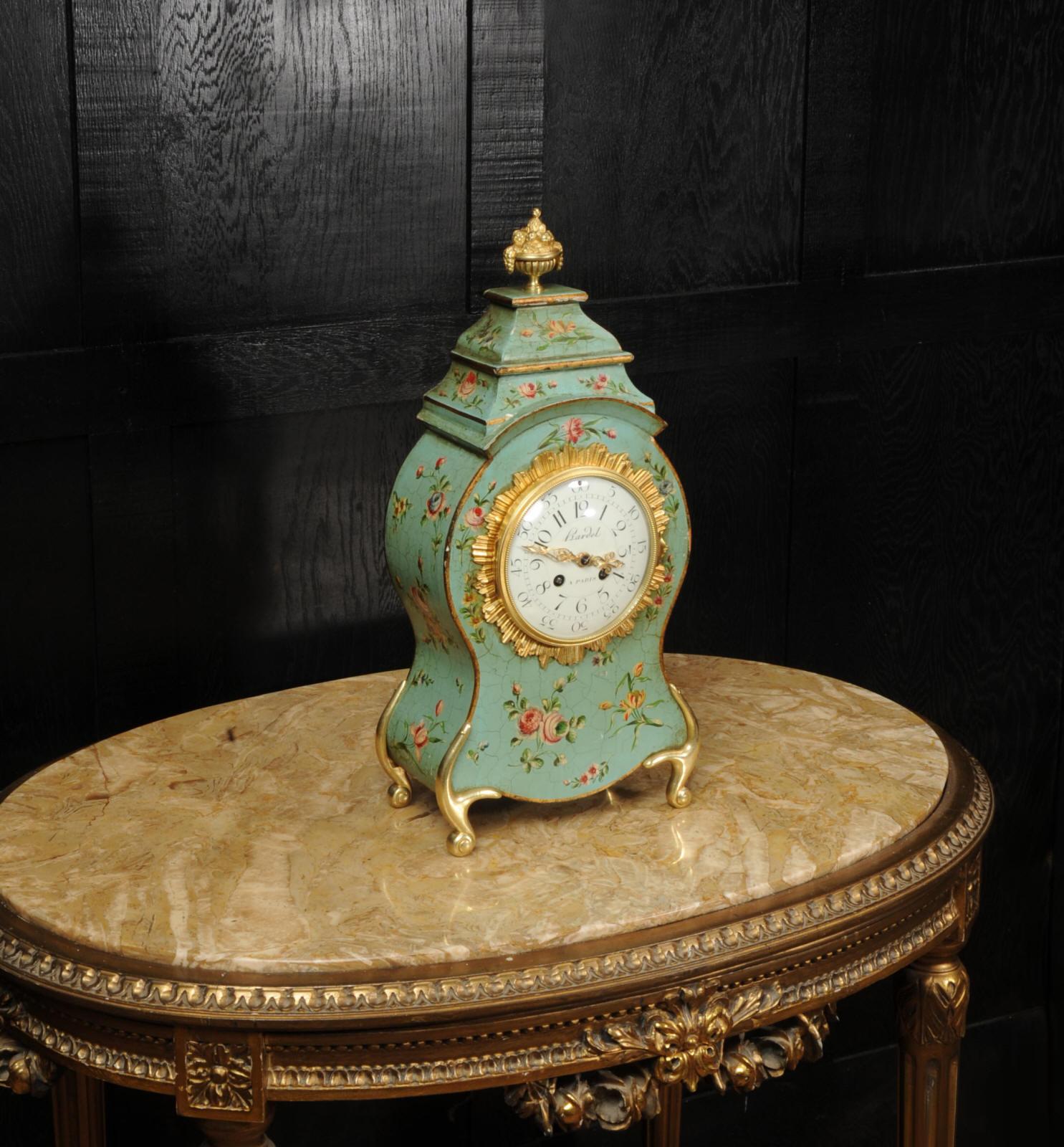 Painted Antique French Vernis Martin Lacquer Clock - Eau de Nil