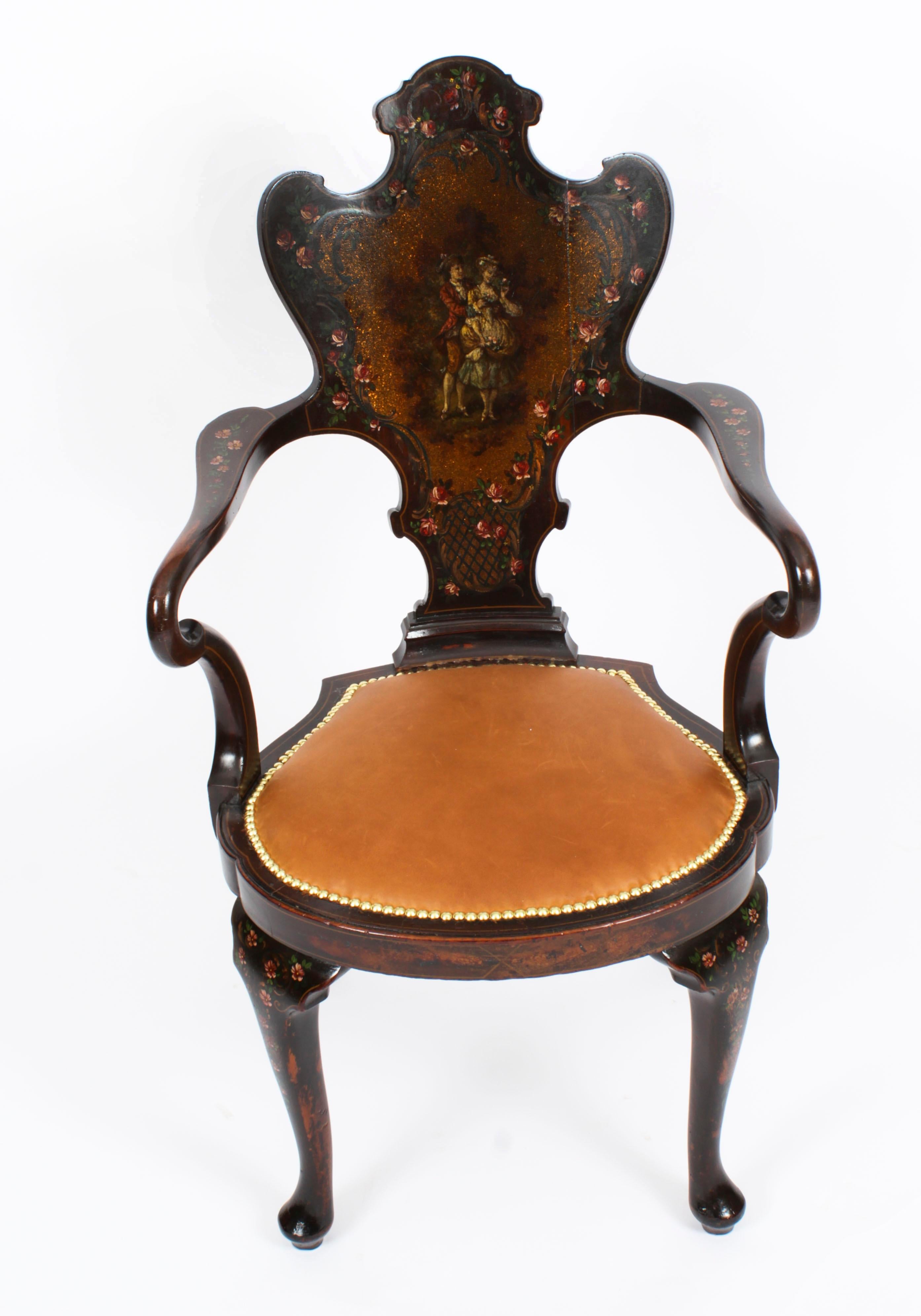 A superb French walnut Vernis Martin salon open armchair, Circa 1870 in date.
The shield shaped back painted with a scene of lovers in a garden, with rose decoration to the arms. With brass plaque for the renowned Victorian retailer Druce & Co., of