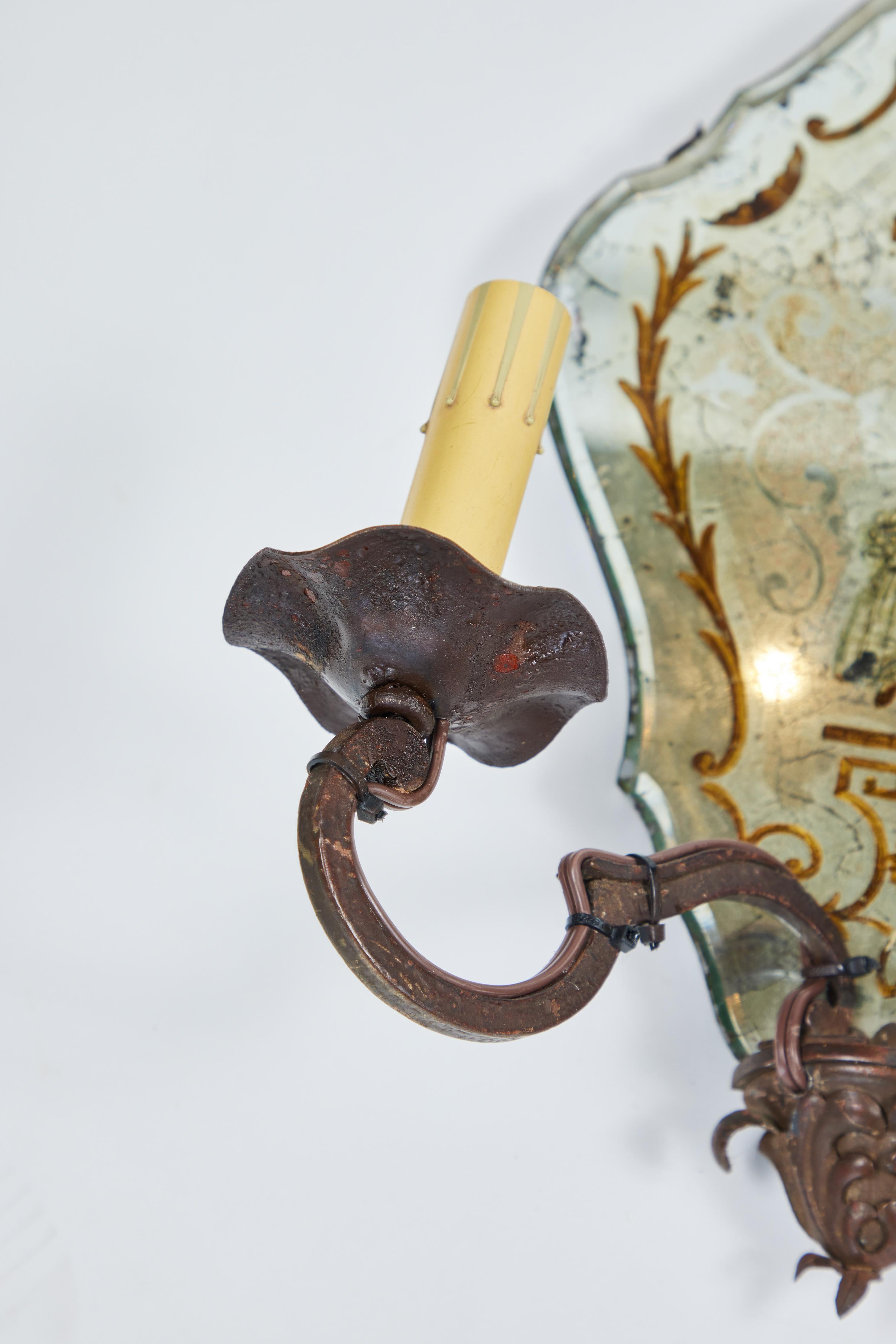 Antique French Verre Eglomise and Decorative Iron 2 Arm Sconces Pair In Good Condition In Pasadena, CA