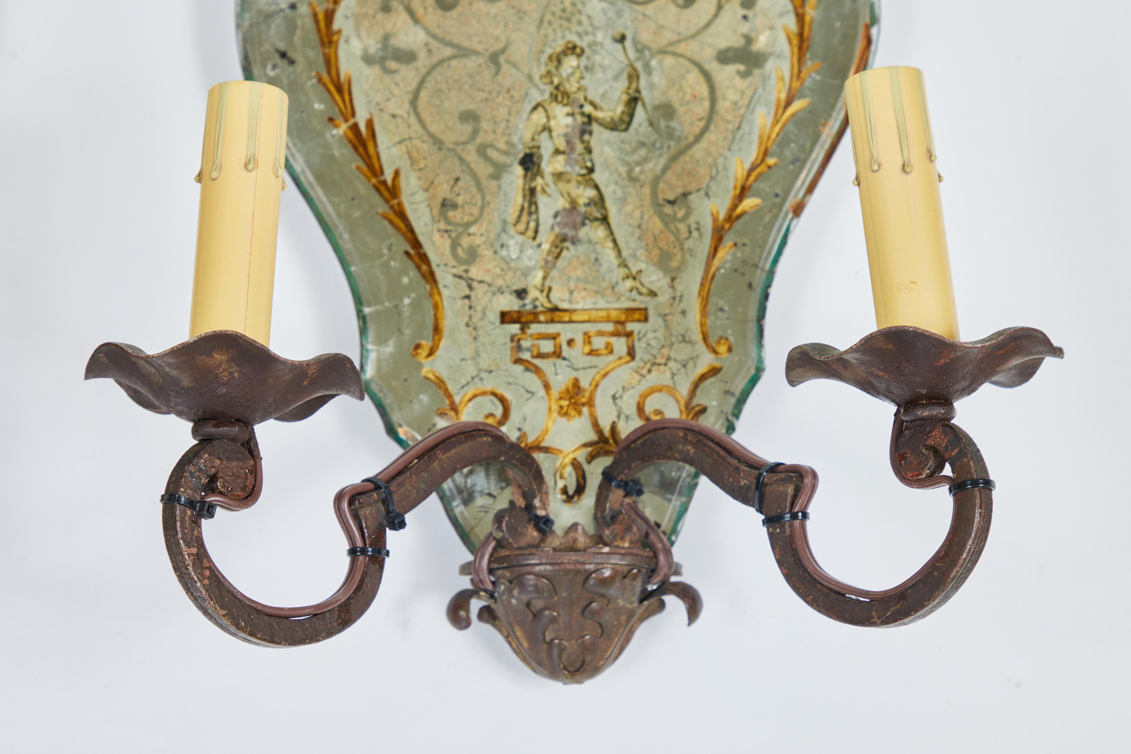 19th Century Antique French Verre Eglomise and Decorative Iron 2 Arm Sconces Pair