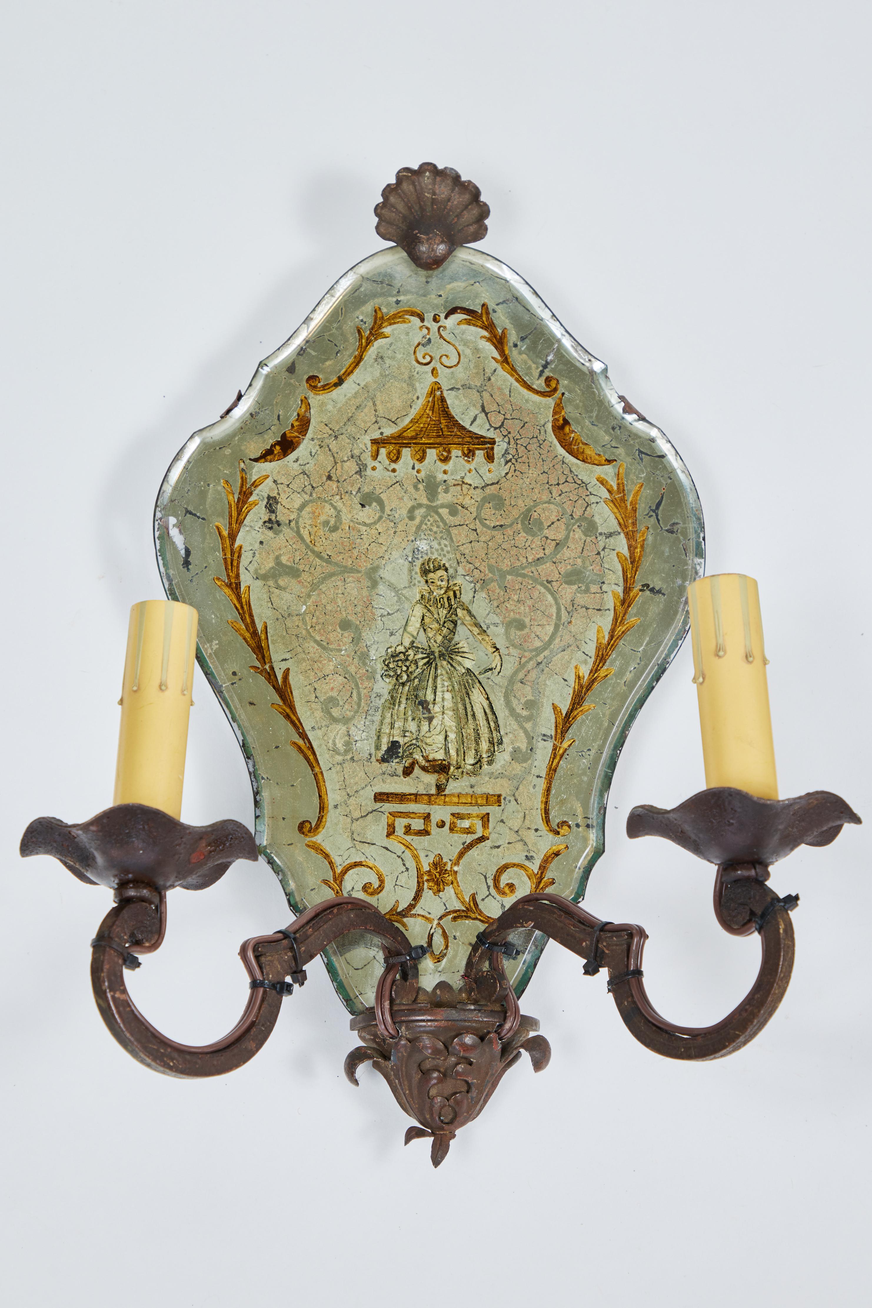 Mirror Antique French Verre Eglomise and Decorative Iron 2 Arm Sconces Pair