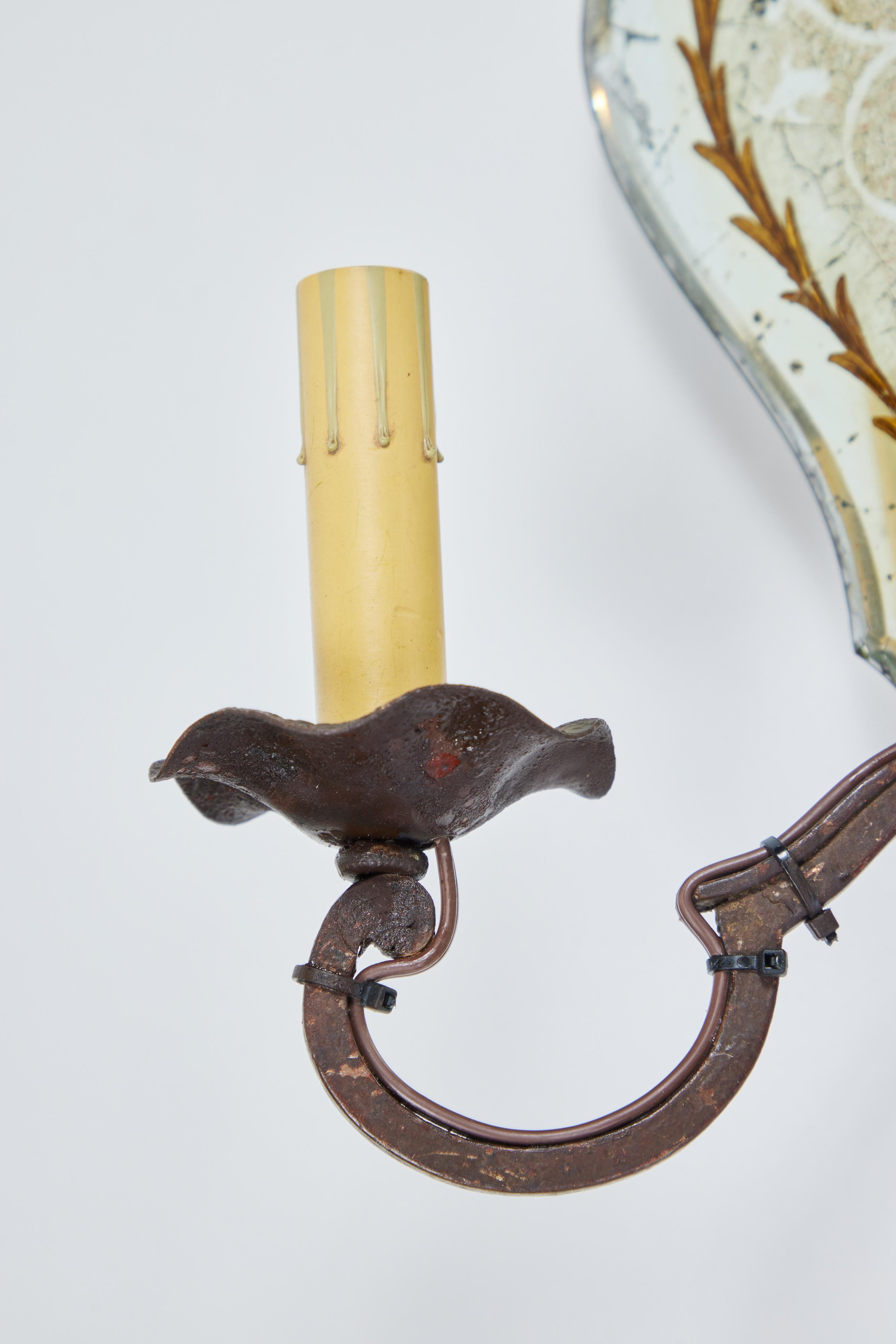 Antique French Verre Eglomise and Decorative Iron 2 Arm Sconces Pair 2