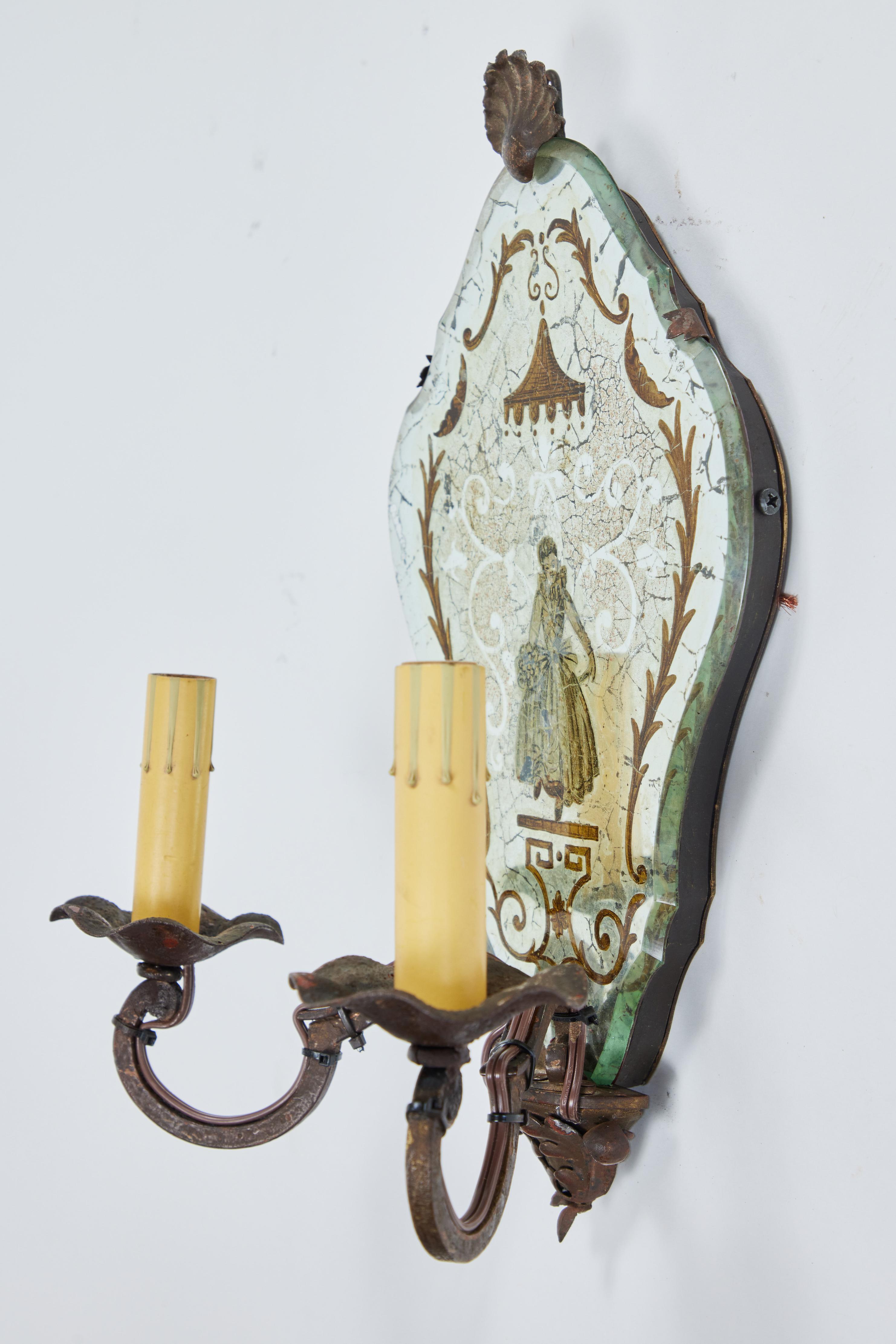 Antique French Verre Eglomise and Decorative Iron 2 Arm Sconces Pair 3