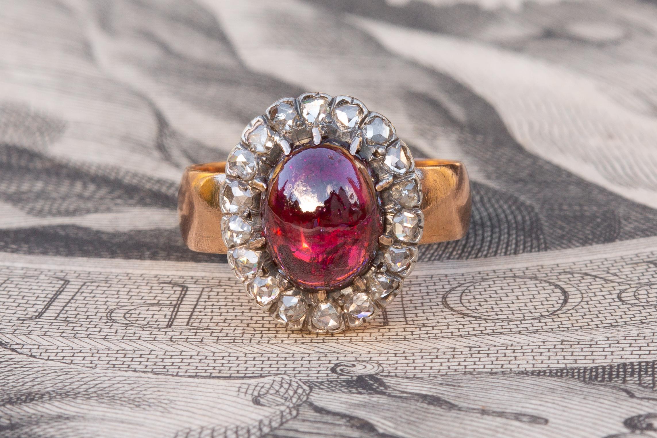 Antiker französischer viktorianischer 18k Gold 2,7 Karat Carbuncle Granat Diamant-Cluster-Ring (Viktorianisch)