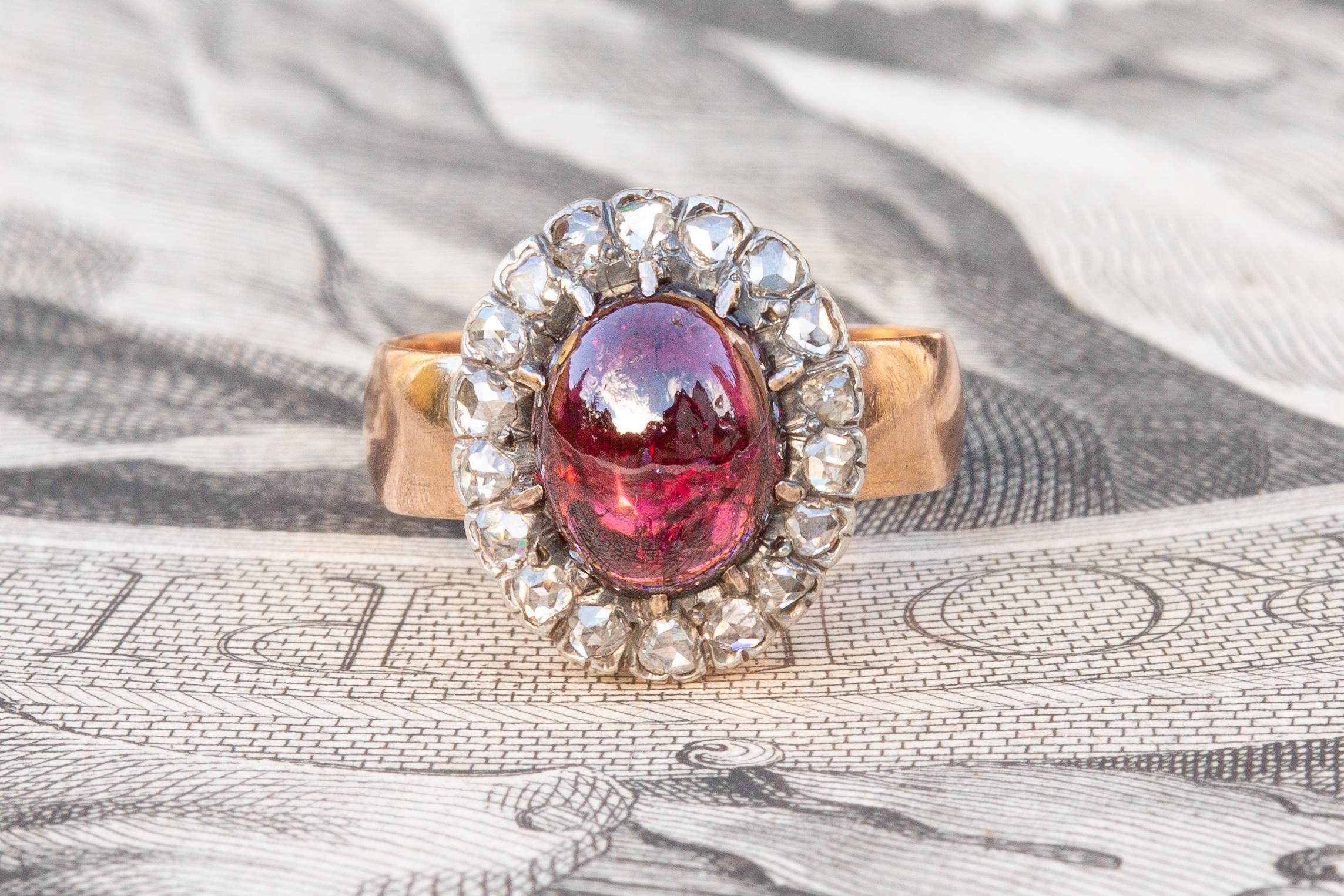 Antiker französischer viktorianischer 18k Gold 2,7 Karat Carbuncle Granat Diamant-Cluster-Ring 2