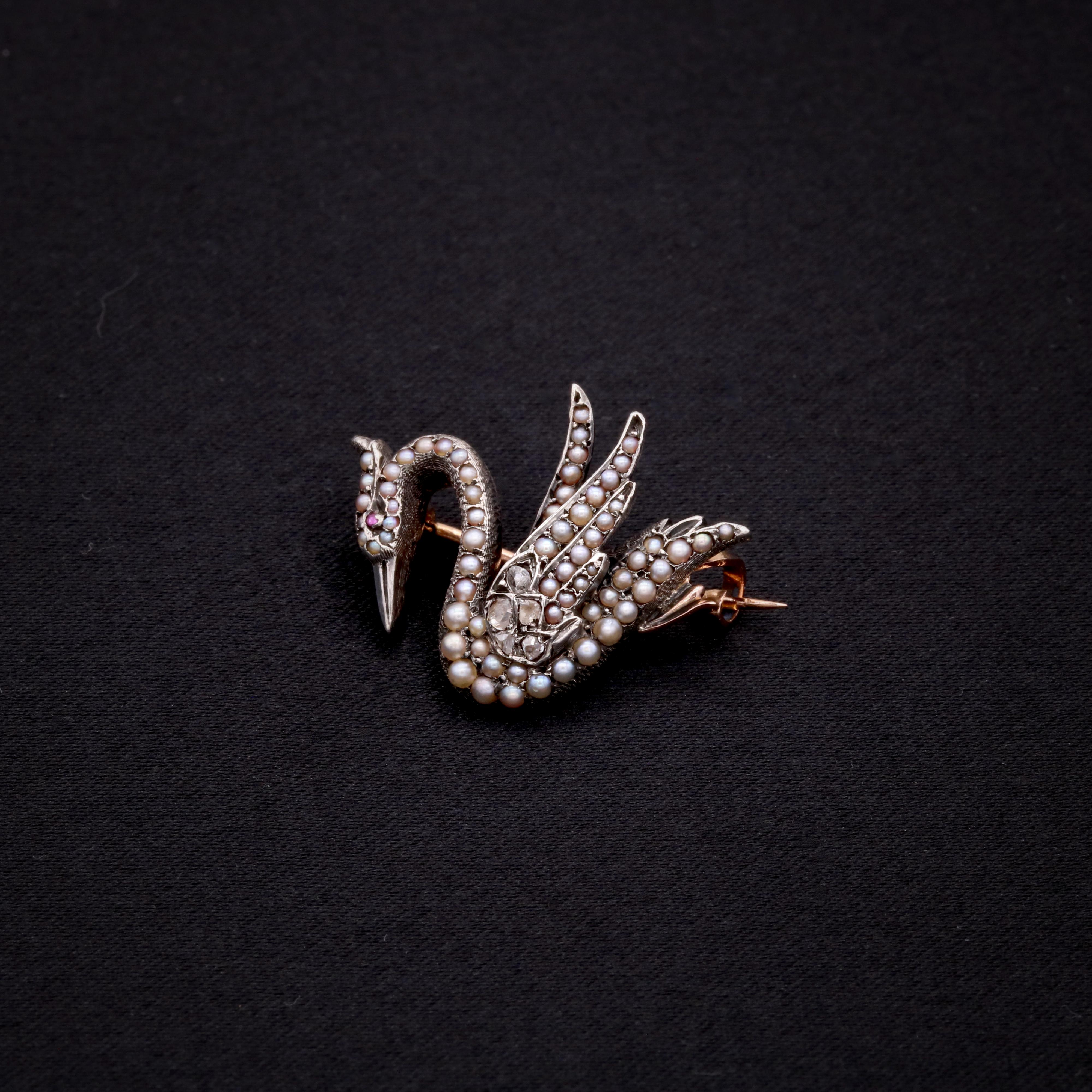 A Victorian pearl, diamond, ruby, silver and yellow gold brooch, comprising one round cut ruby, five rose cut diamonds, and sixty-seven seed pearls, in silver and 18 karat yellow gold. 

My favourite thing about this Antique Silver and Yellow Gold