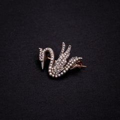 Antique French Victorian 18K Yellow Gold & Silver Pearl and Diamond Swan Brooch