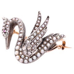 Antique French Victorian Broche de cisne de plata y oro amarillo de 18 quilates con perlas y diamantes