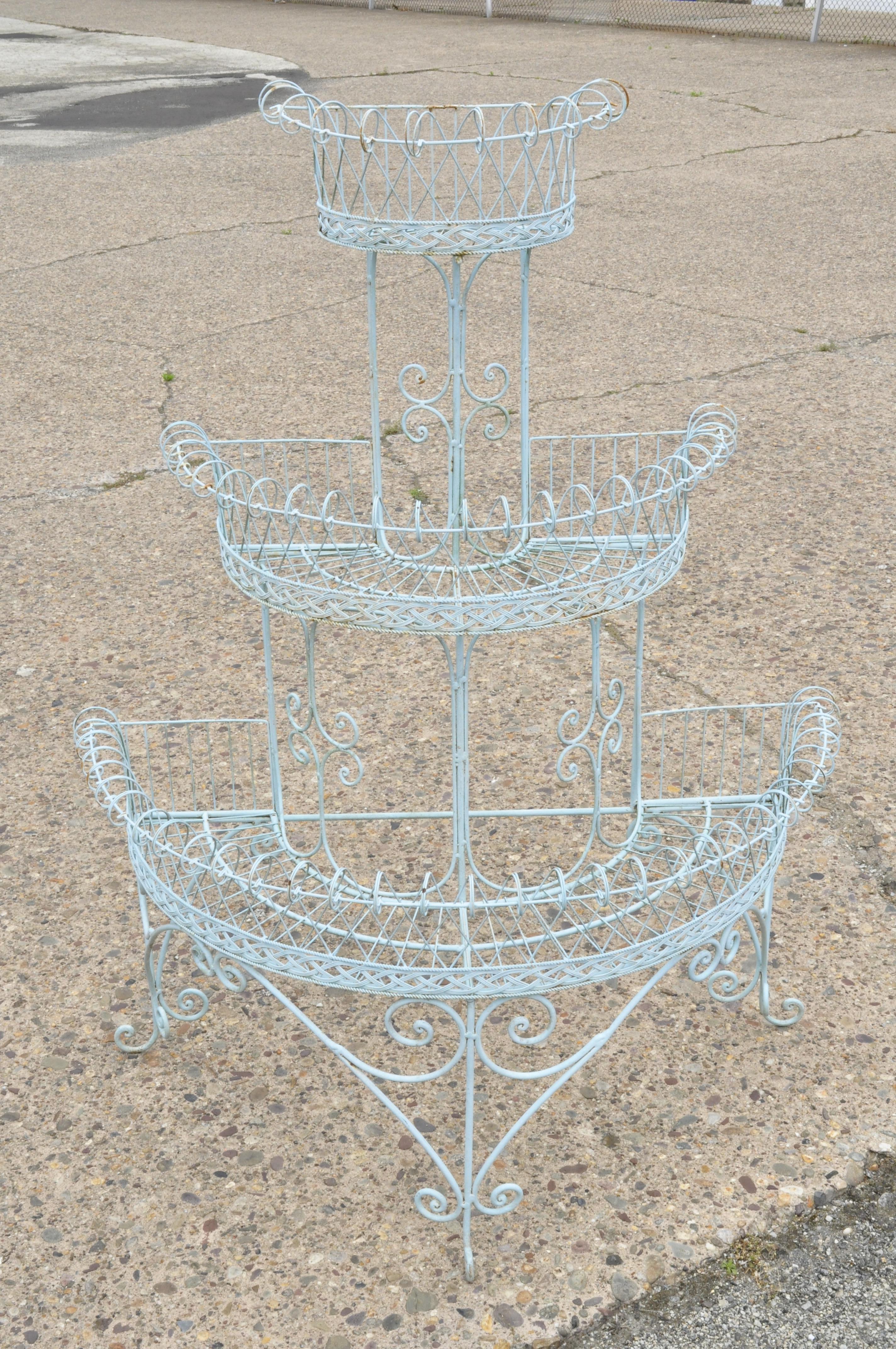 Antique French Victorian 3-Tier Blue Iron Wire Metal Planter Plant Stand 4