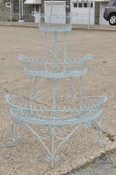Antique French Victorian 3-Tier Blue Iron Wire Metal Planter Plant Stand