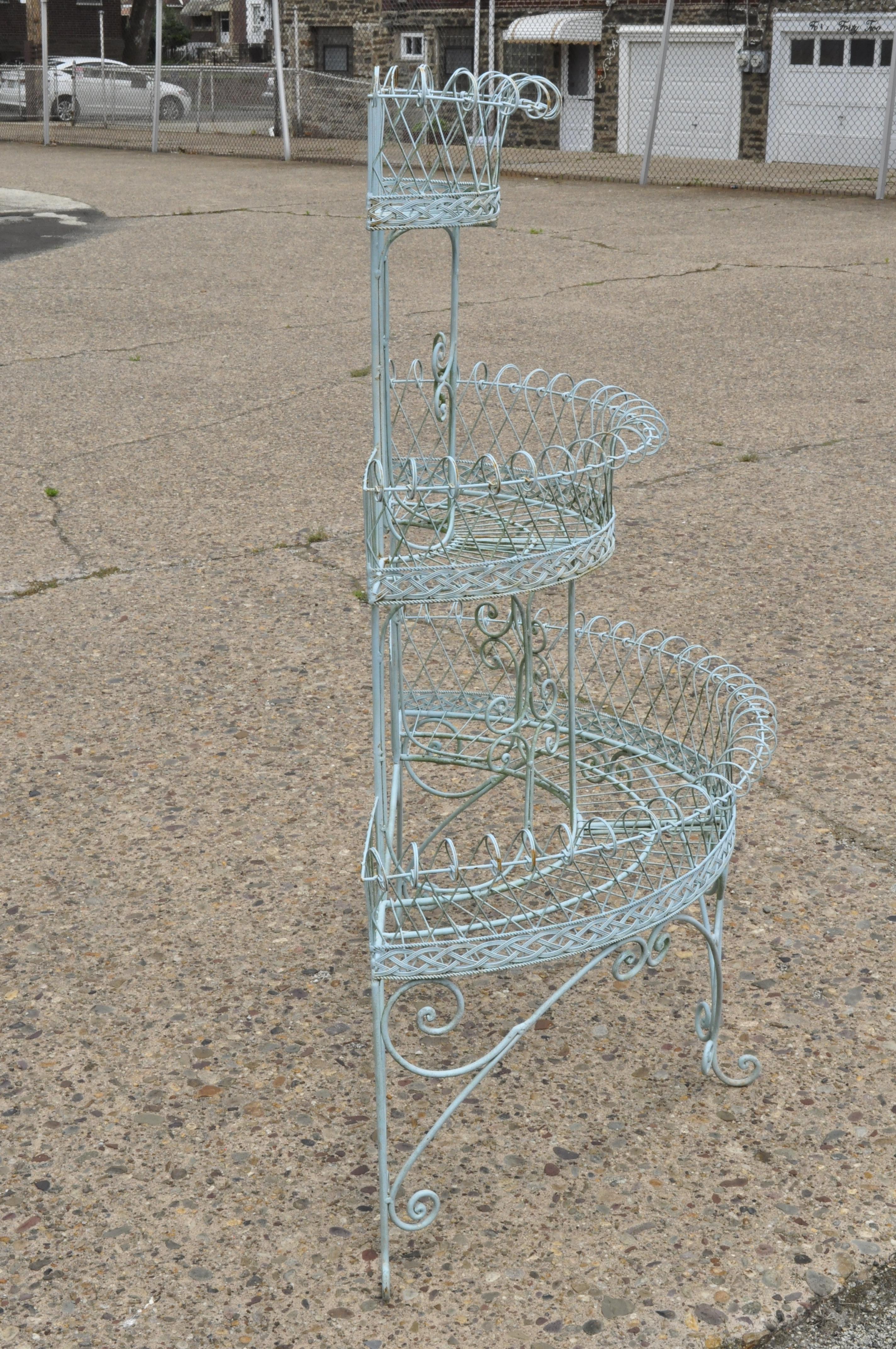 Antique French Victorian 3-Tier Blue Iron Wire Metal Planter Plant Stand 1