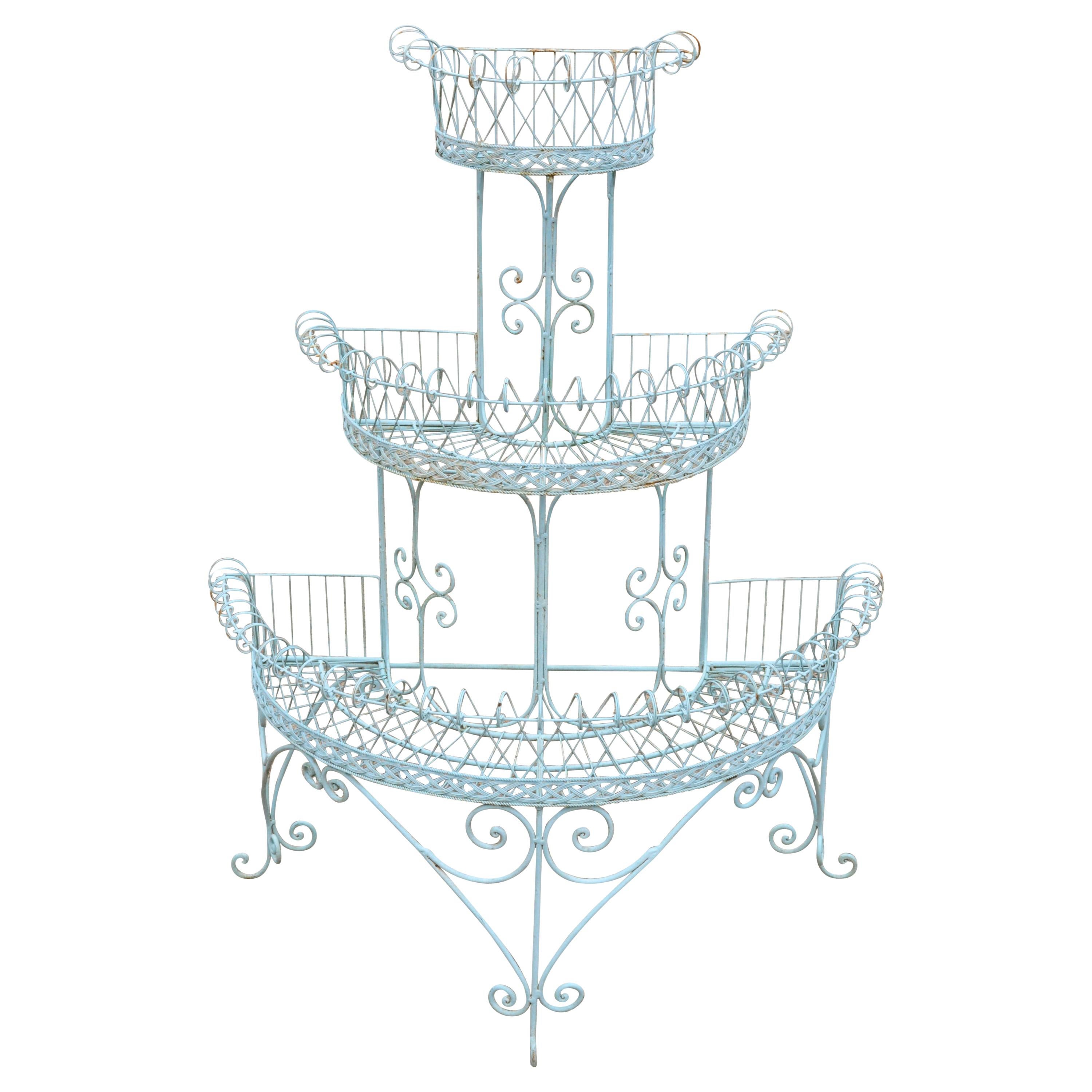 Antique French Victorian 3-Tier Blue Iron Wire Metal Planter Plant Stand