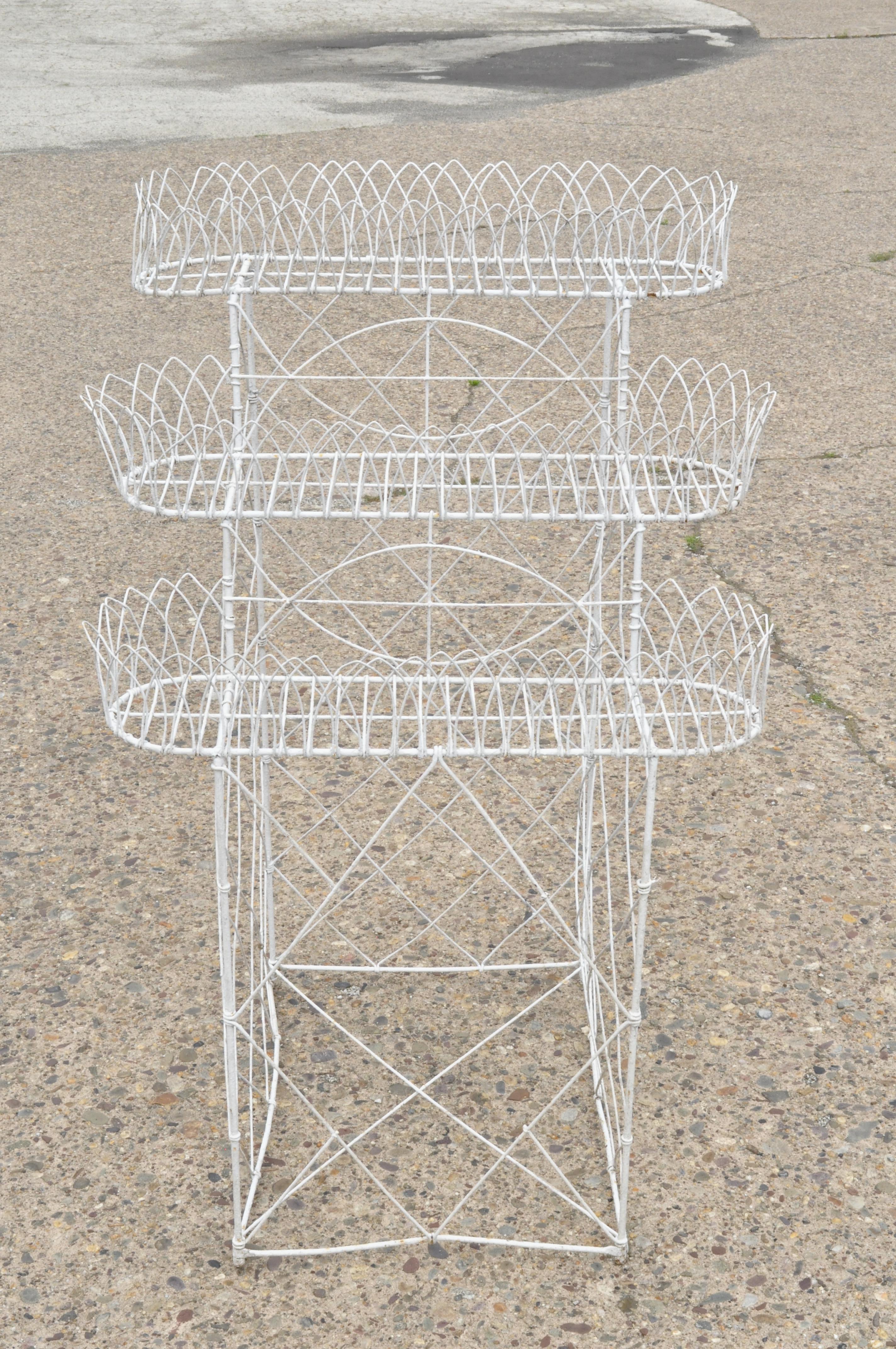 Antique French Victorian 3-tier white iron wire Metal planter plant stand, circa 19th century. Measurements: 56
