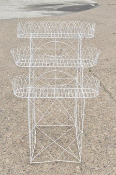 Antique French Victorian 3-Tier White Iron Wire Metal Planter Plant Stand