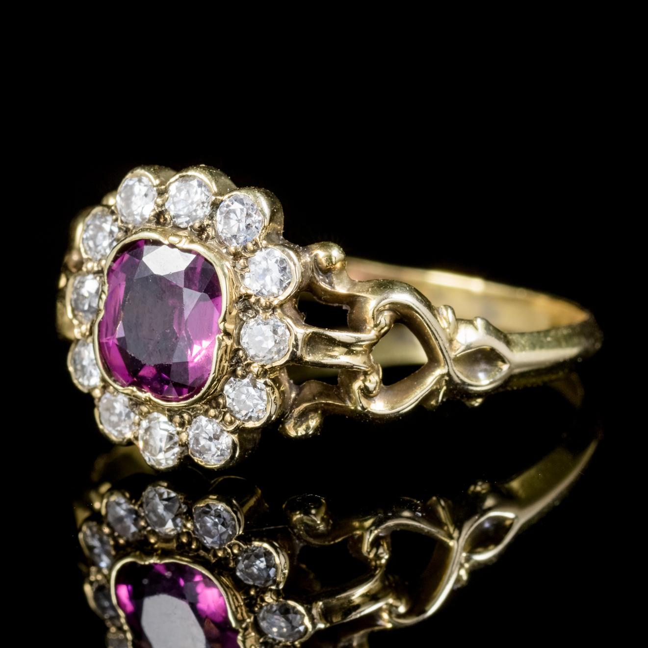 A fabulous antique French Amethyst and Diamond cluster ring made during the Victorian era, Circa 1860. 

The piece boasts a beautiful violet Amethyst which is approx. 0.65ct, surrounded by a halo of Diamonds, approx. 0.36ct in total. 

Amethyst has