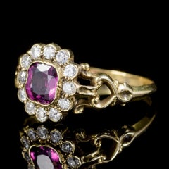 Antique French Victorian Amethyst Diamond Cluster Ring 18 Carat Gold, circa 1860