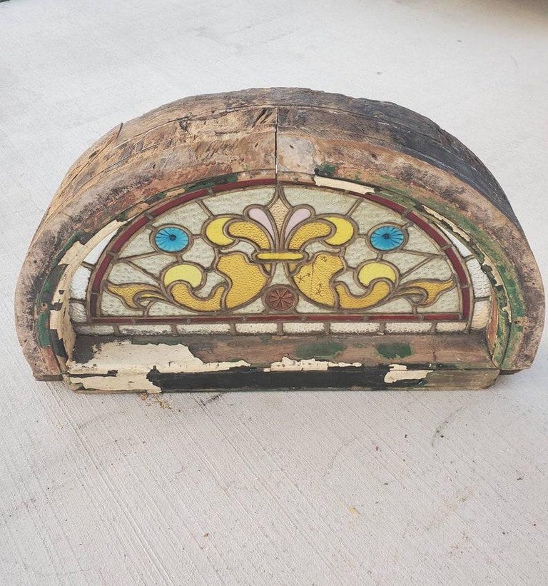 Antique French Victorian Architectural Stained Glass Transom Window For