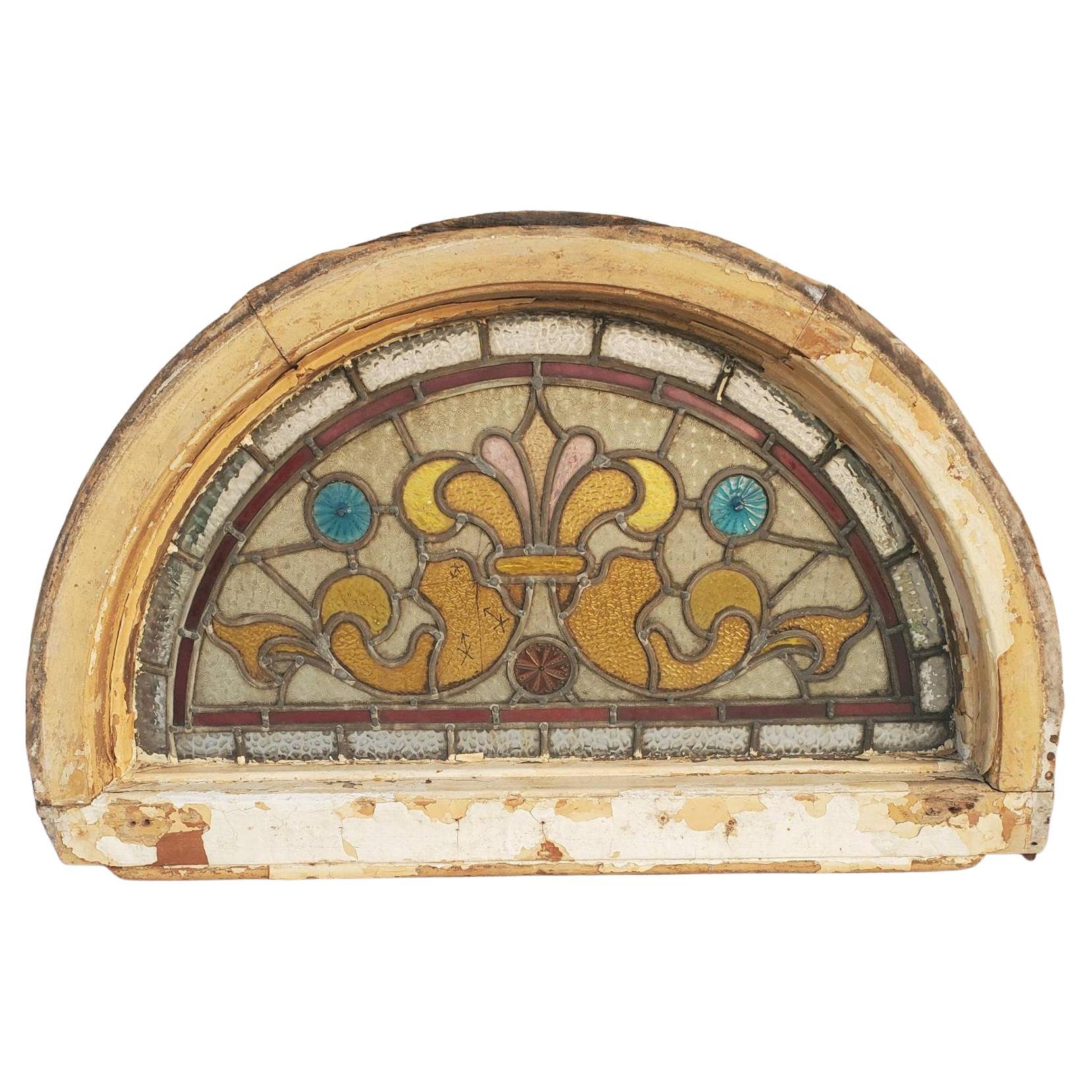 Antique French Victorian Architectural Stained Glass Transom Window For Sale