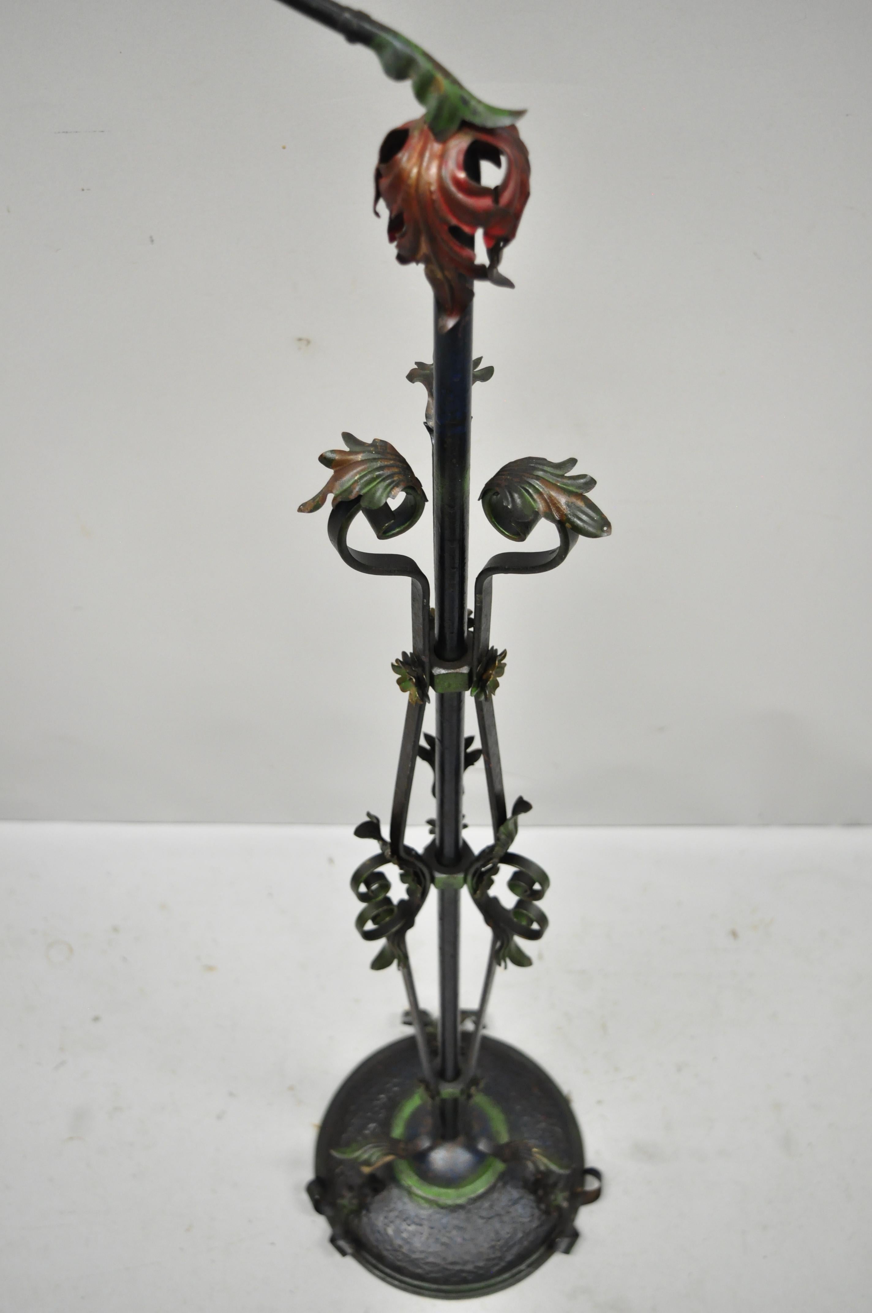 Antique French Victorian Art Nouveau Deco polychrome painted iron birdcage Stand with claw. Item features very rare form, 